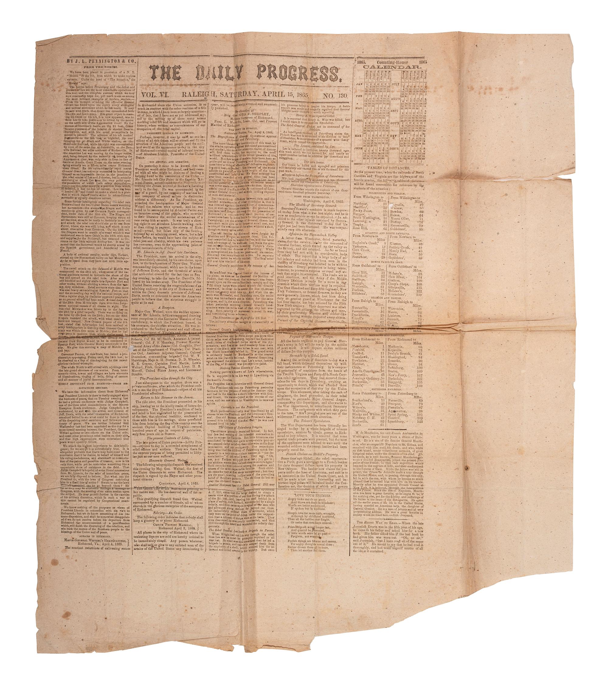 [CIVIL WAR]. Two Southern newspapers covering the evacuation and capture of Richmond, featuring a 15 April 1865 newspaper covering Lincoln's visit to Richmond but unaware of his assassination.