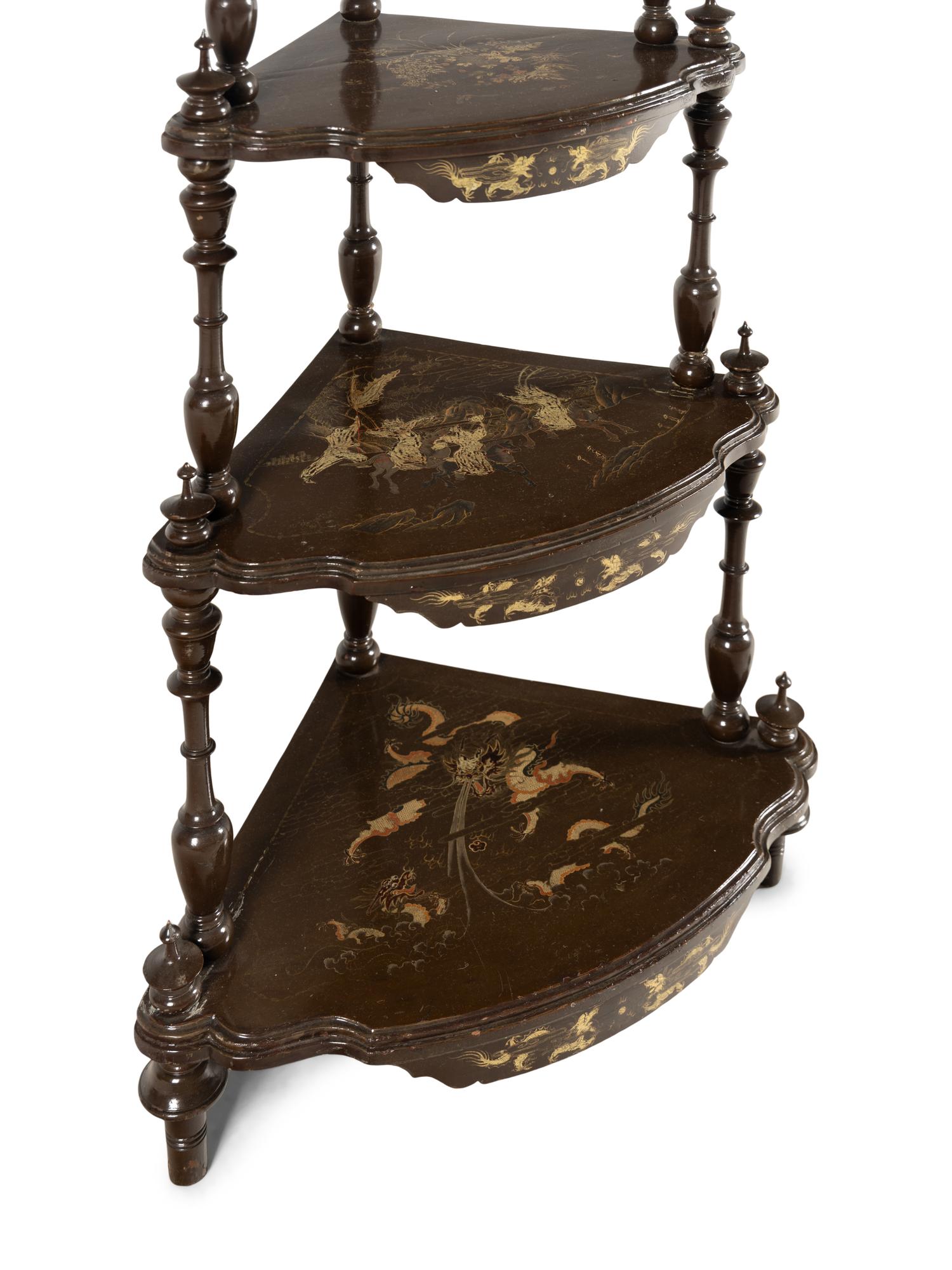 An English Gilt-Japanned Corner Etagere