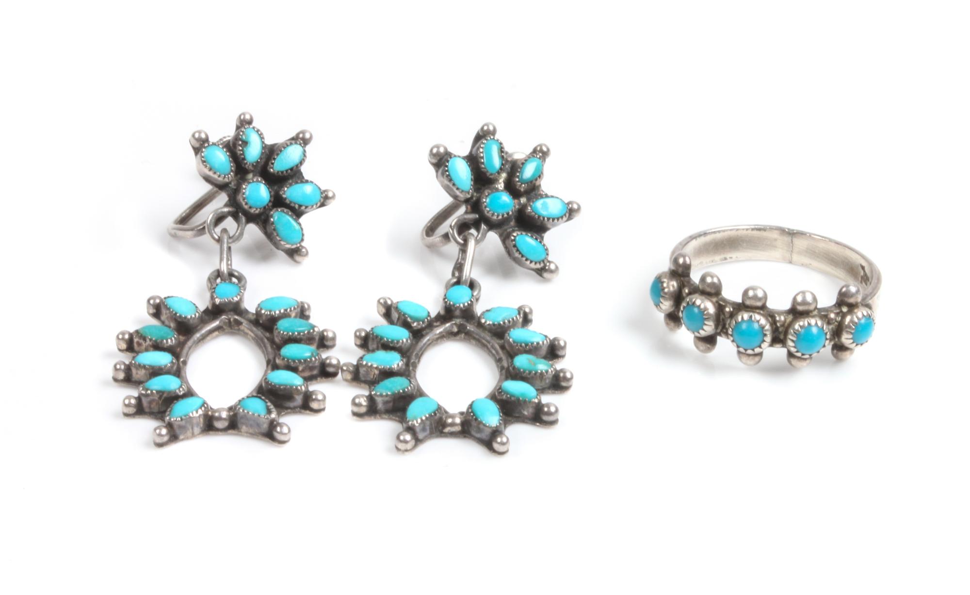 Pair of Zuni Silver and Turquoise Petit Point Earclips Length 1 1/2 inches