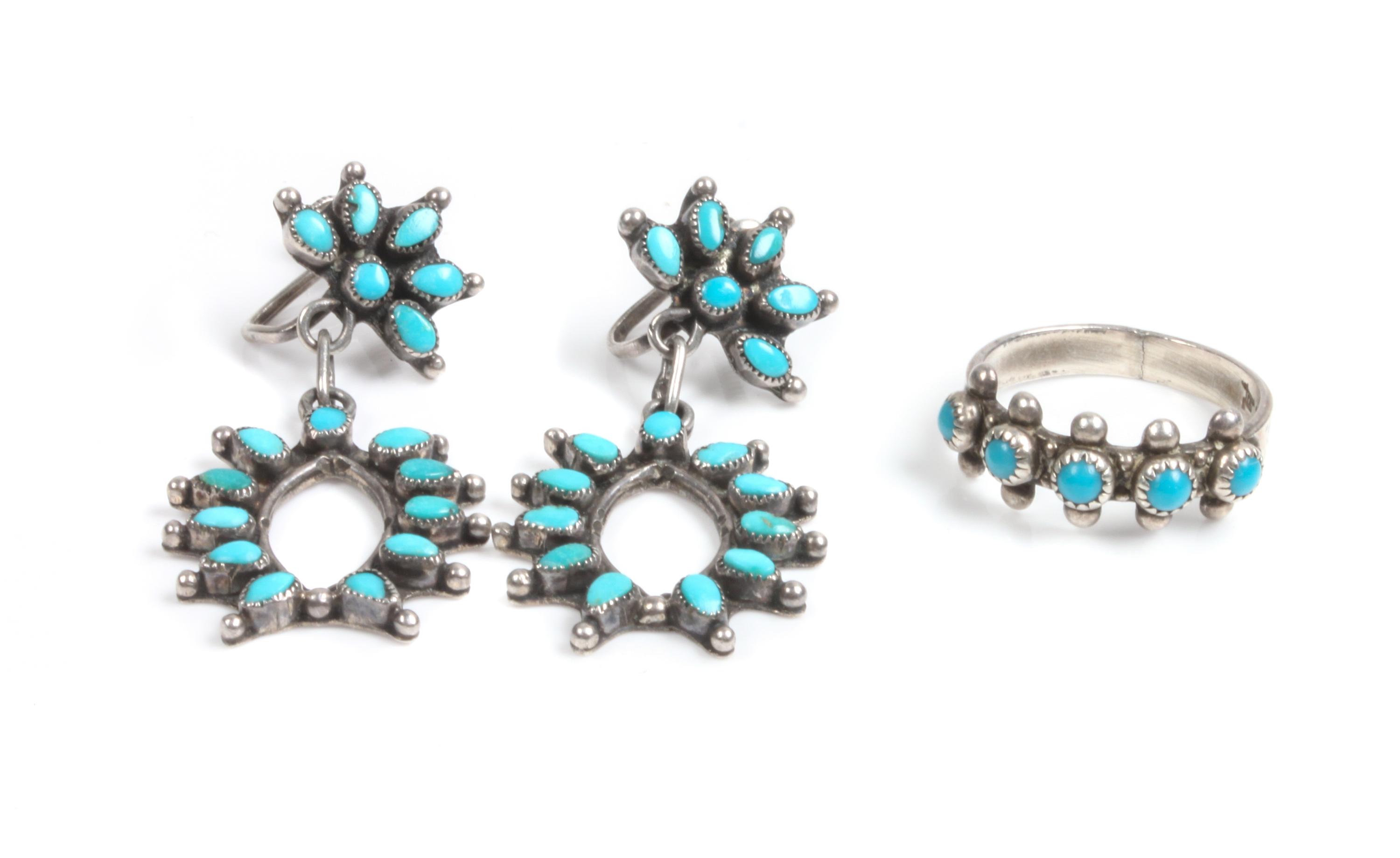 Pair of Zuni Silver and Turquoise Petit Point Earclips Length 1 1/2 inches