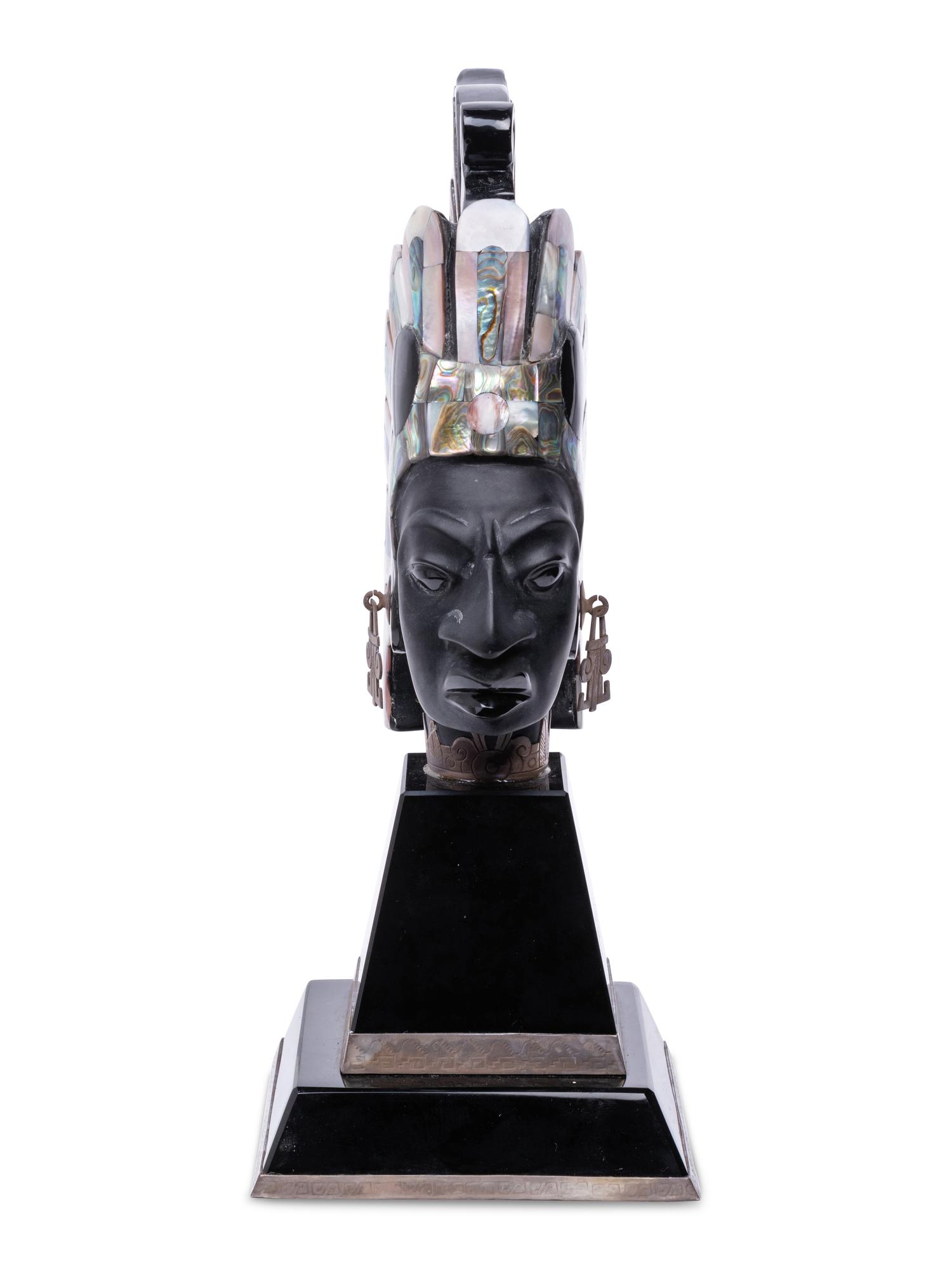 An Onyx and Mother-of-Pearl Bust of an Aztec Deity