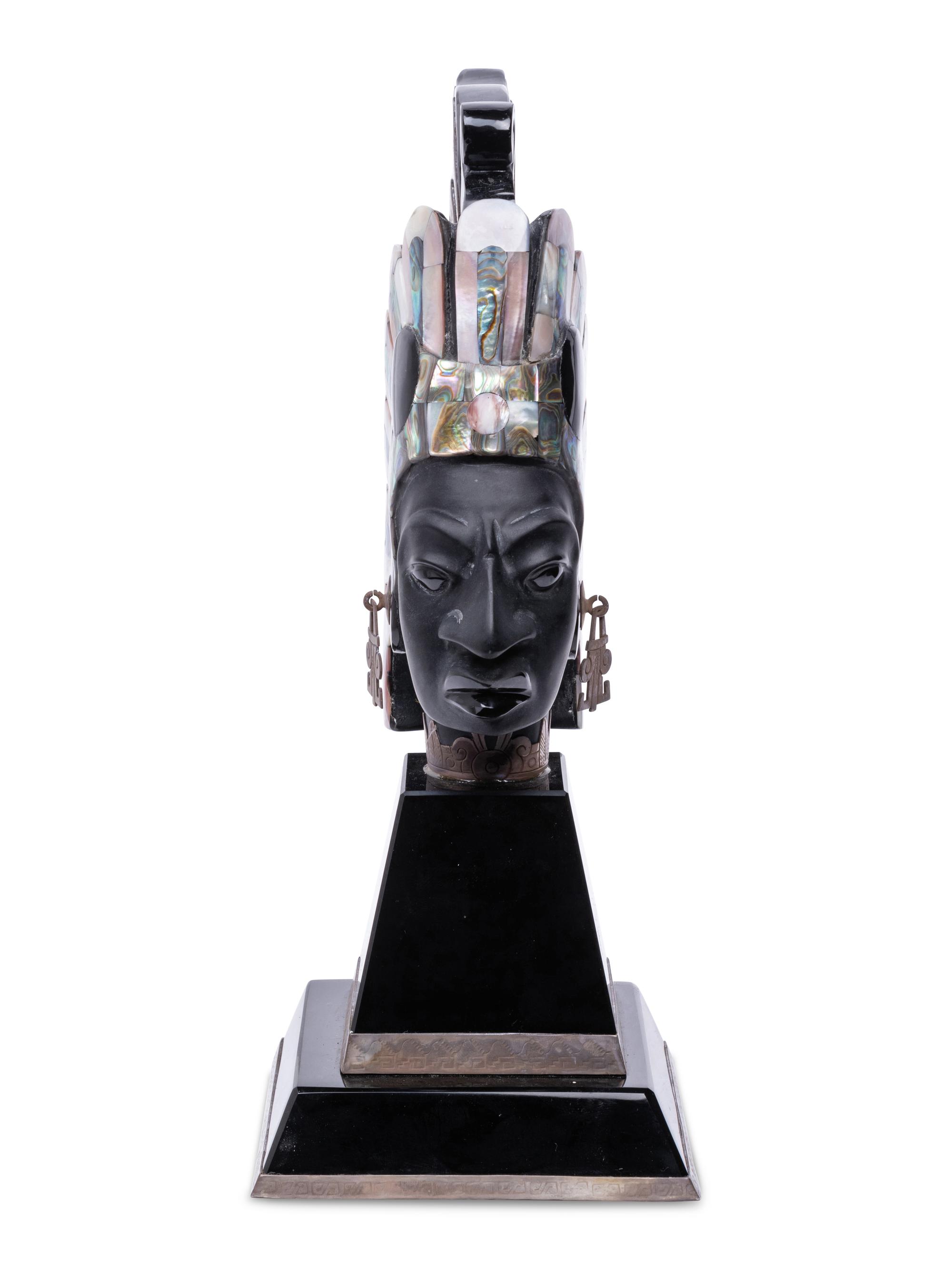 An Onyx and Mother-of-Pearl Bust of an Aztec Deity