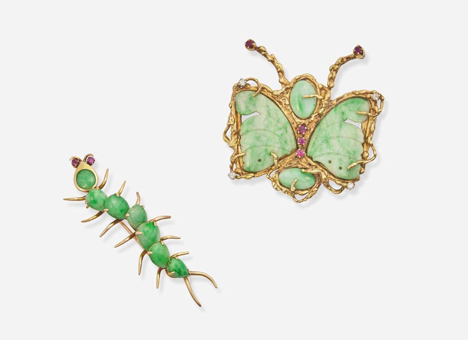 A Set of Two Jade Insect Brooches
