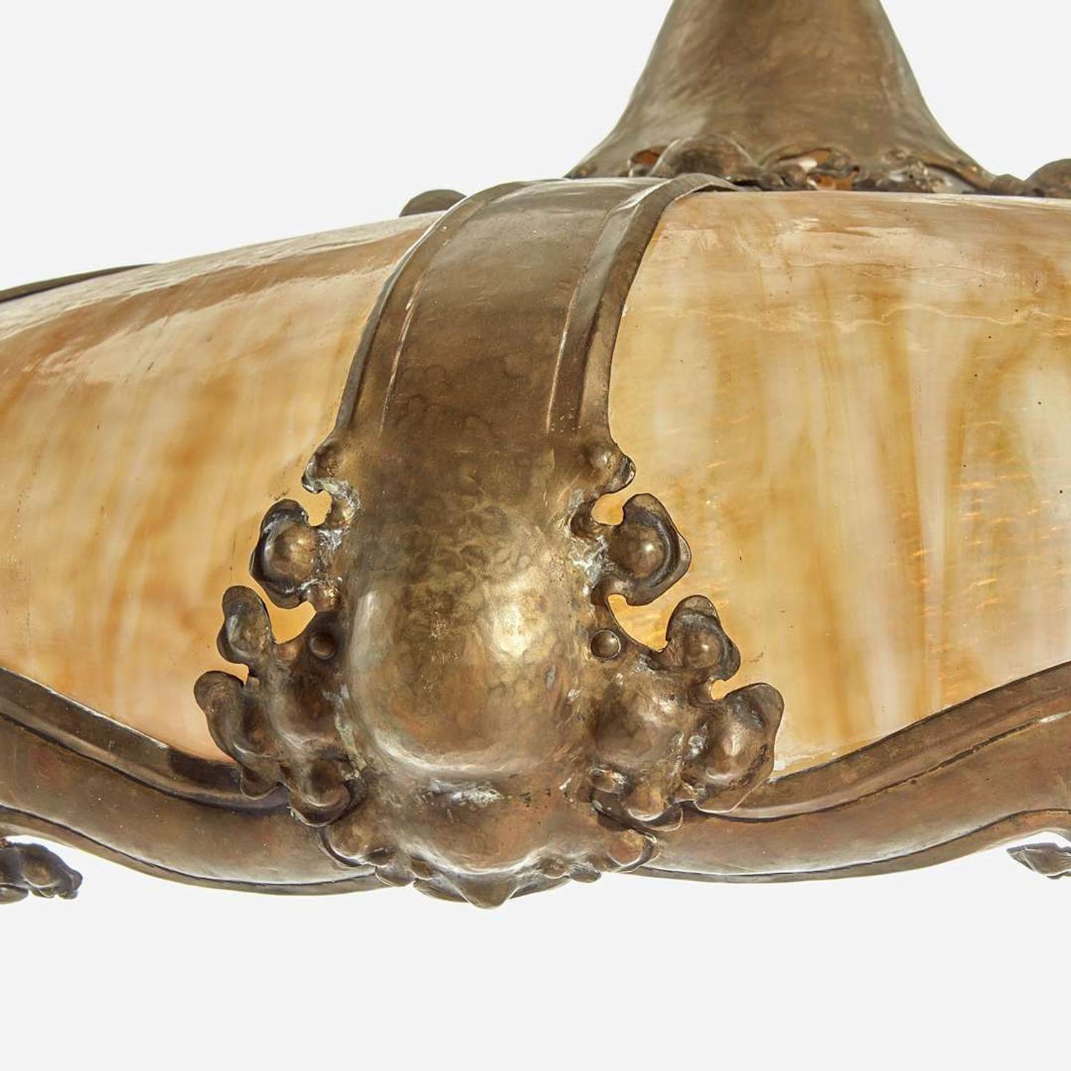 An Art Nouveau Style Patinated Bronze and Stained Glass Plafonnier Early 20th century