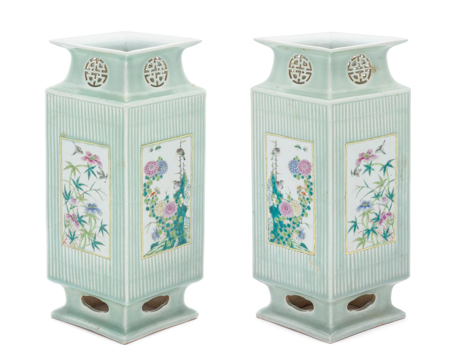 A Pair of Chinese Celadon and Famille Rose Porcelain Vases LATE QING DYNASTY, 19TH CENTURY Height 16 3/8 inches. — LATE QING DYNASTY, 19TH CENTURY