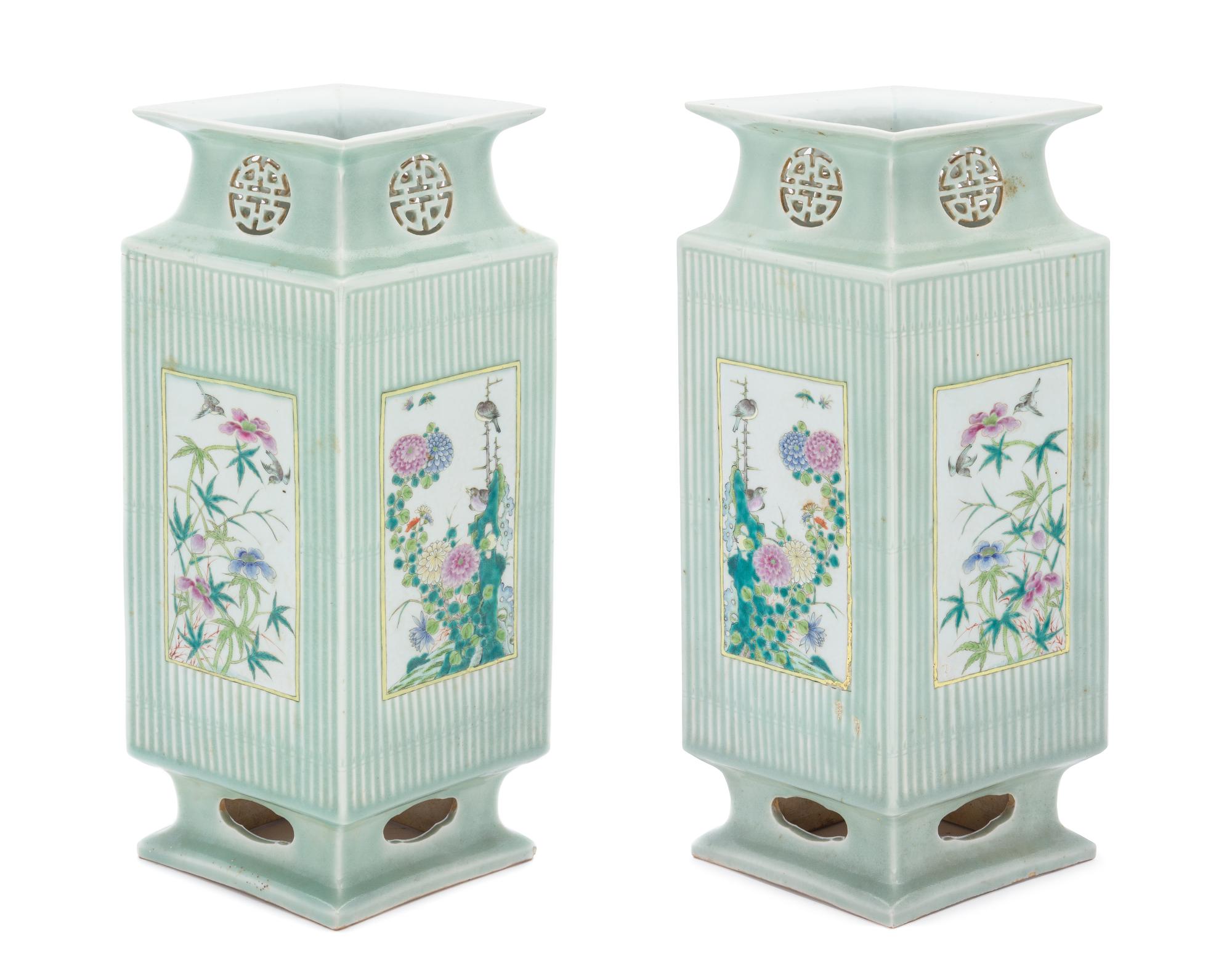 A Pair of Chinese Celadon and Famille Rose Porcelain Vases LATE QING DYNASTY, 19TH CENTURY Height 16 3/8 inches. — LATE QING DYNASTY, 19TH CENTURY