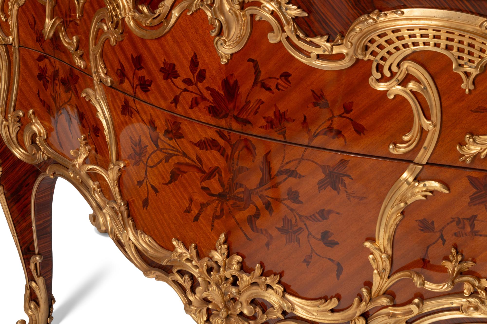 A Pair of Louis XV Style Gilt Bronze Mounted Marquetry Marble-Top Commodes