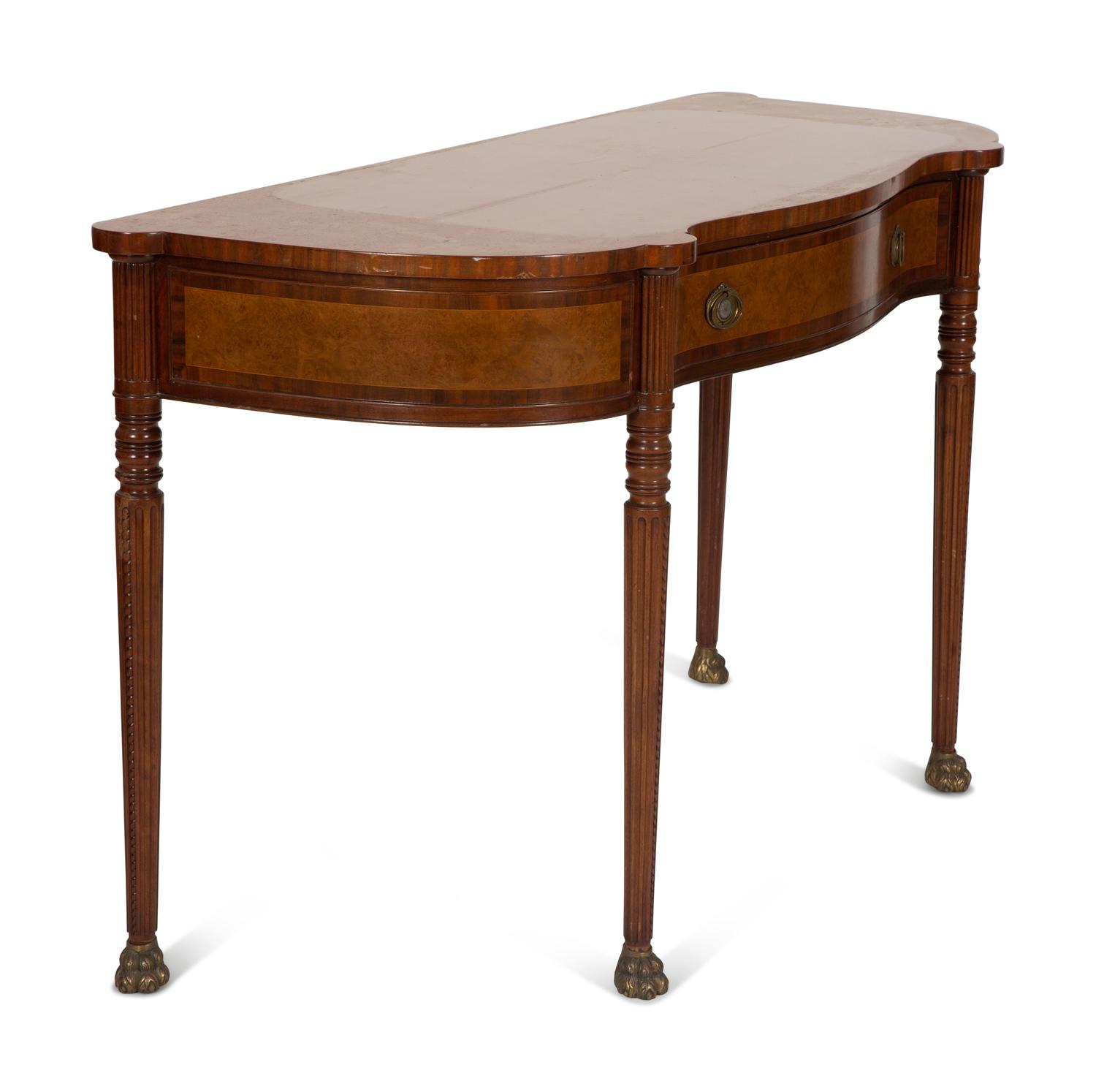 A Pair of Regency Style Mahogany and Maple Veneer Console Tables