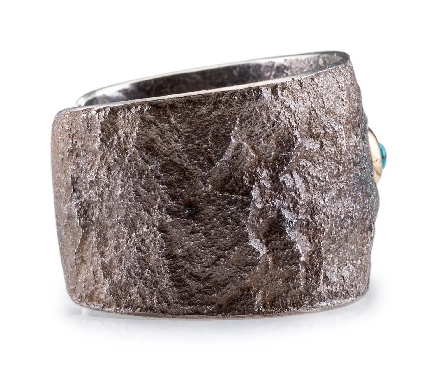Sterling Silver Tufa Cast Cuff Bracelet, with Offset Turquoise Cabochon in a 14K Gold Bezel