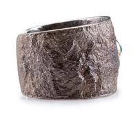 Sterling Silver Tufa Cast Cuff Bracelet, with Offset Turquoise Cabochon in a 14K Gold Bezel