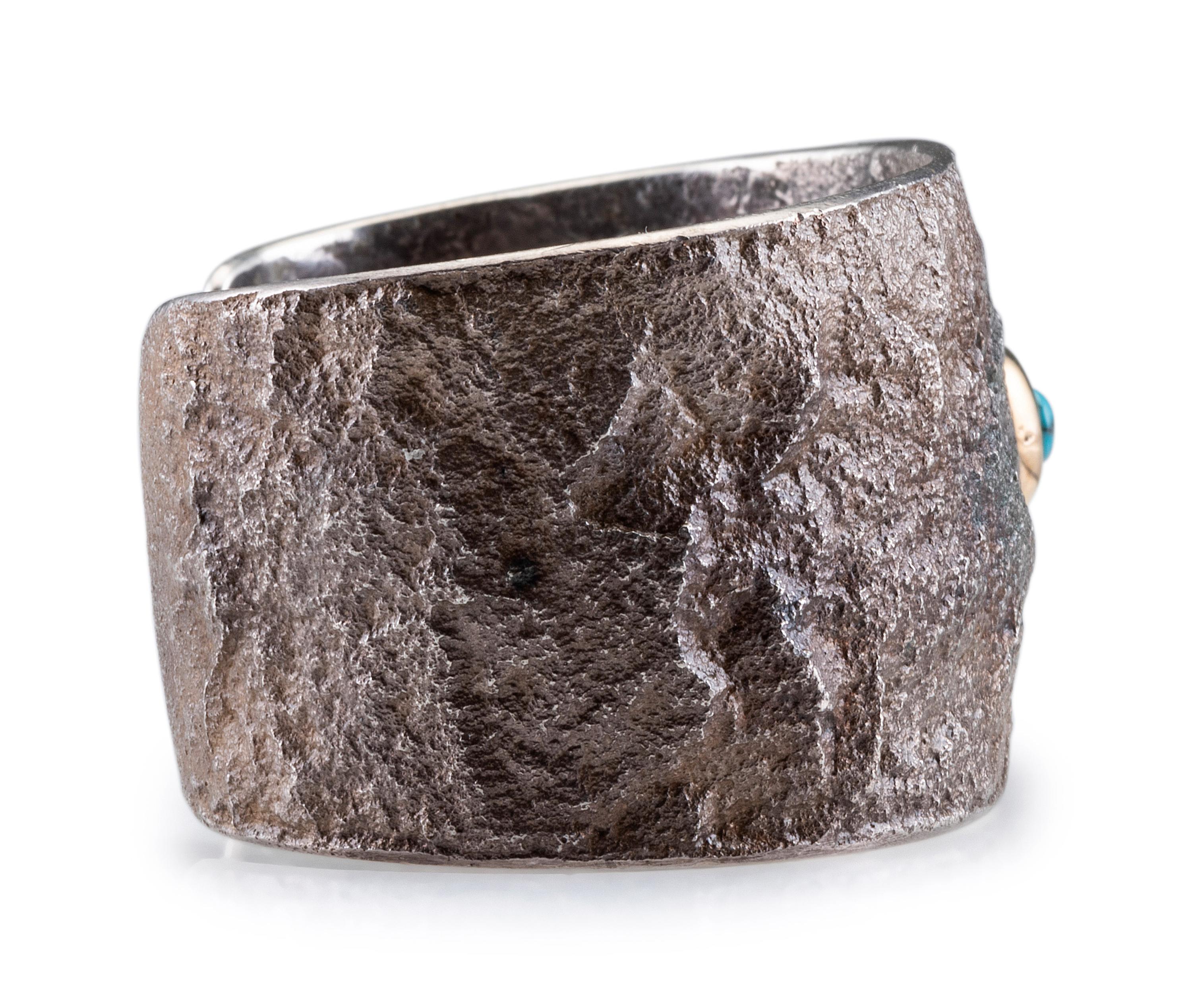 Sterling Silver Tufa Cast Cuff Bracelet, with Offset Turquoise Cabochon in a 14K Gold Bezel