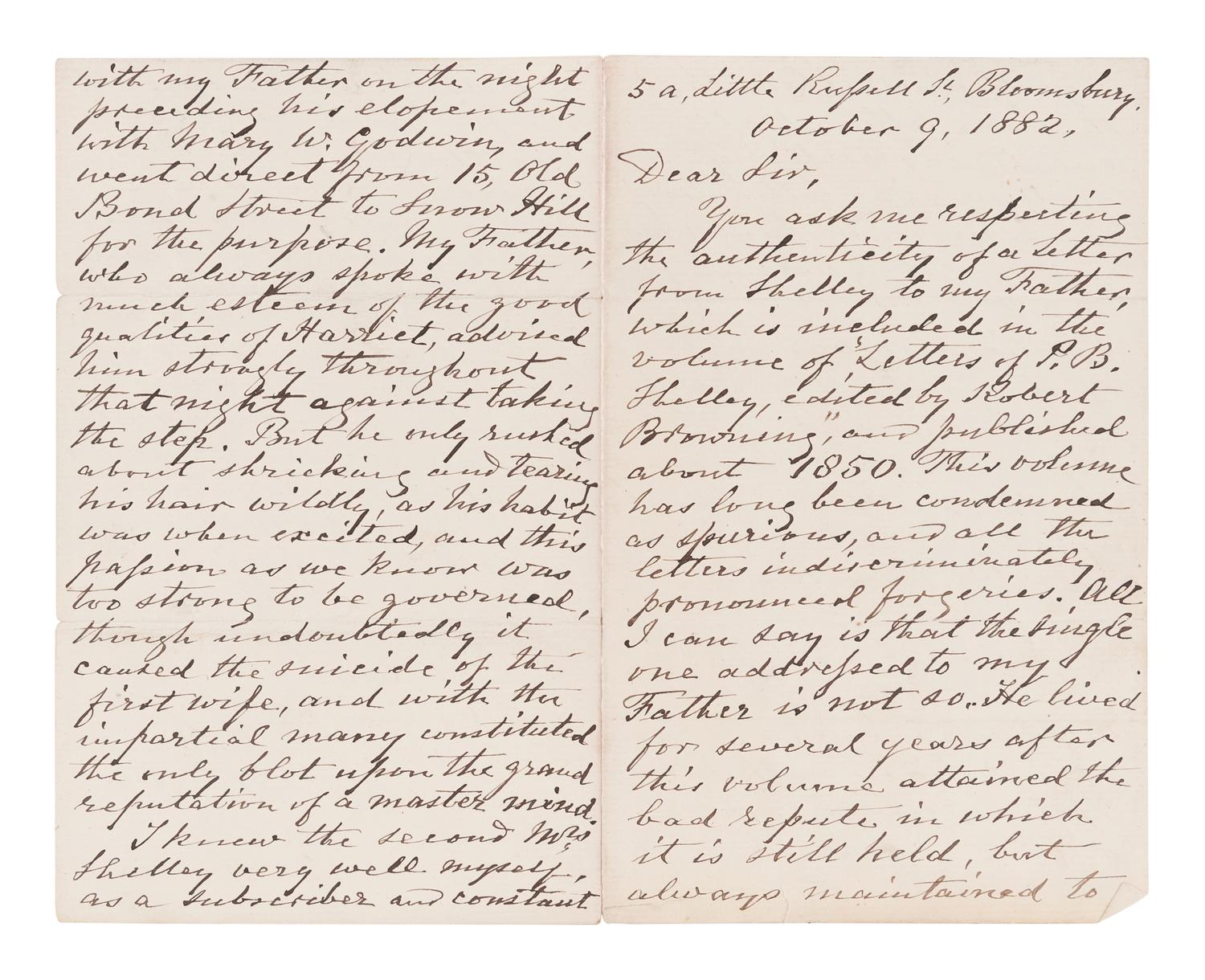 SHELLEY, Percy Bysshe (1792-1822). Letters of Percy Bysshe Shelley . London: Edward Moxon, 1852.