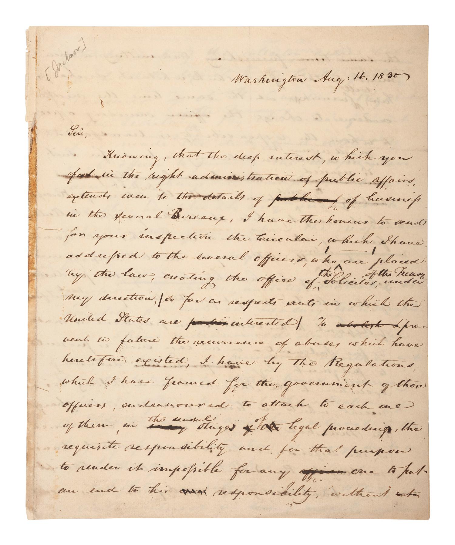 [JACKSON, ANDREW (1767-1845)]. Manuscript copy letter to Andrew Jackson from Virgil Maxcy.