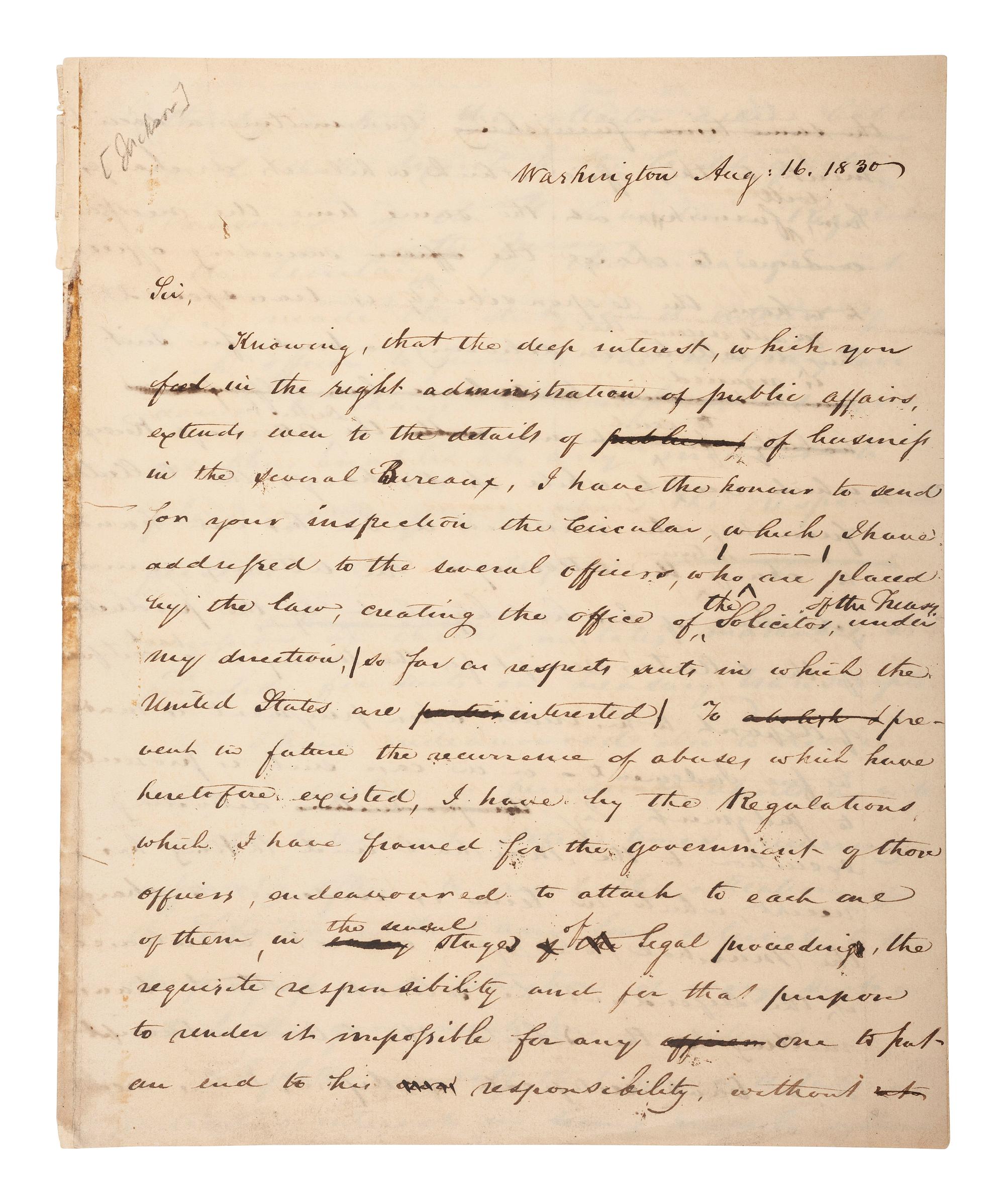 [JACKSON, ANDREW (1767-1845)]. Manuscript copy letter to Andrew Jackson from Virgil Maxcy.