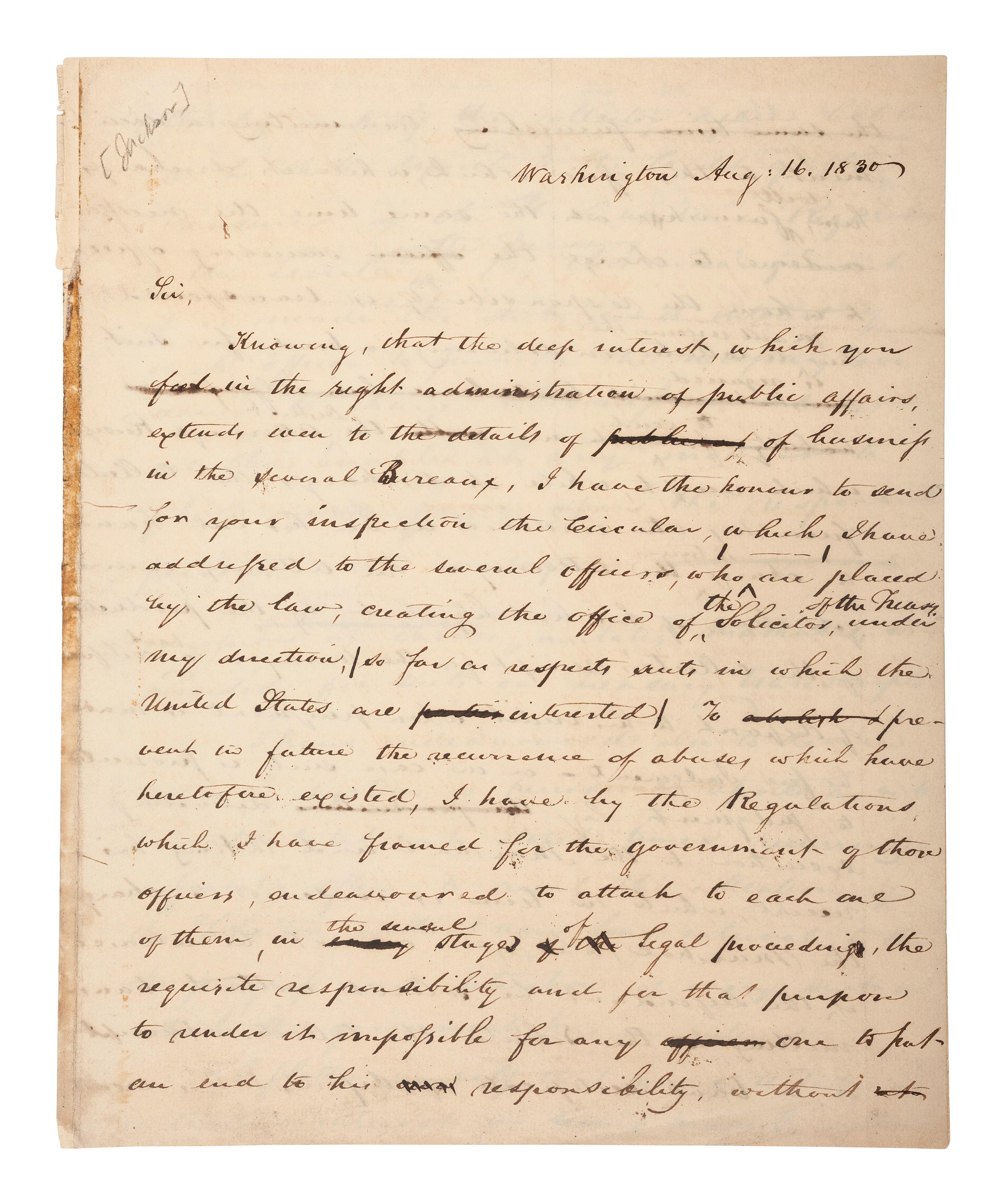 [JACKSON, ANDREW (1767-1845)]. Manuscript copy letter to Andrew Jackson from Virgil Maxcy.