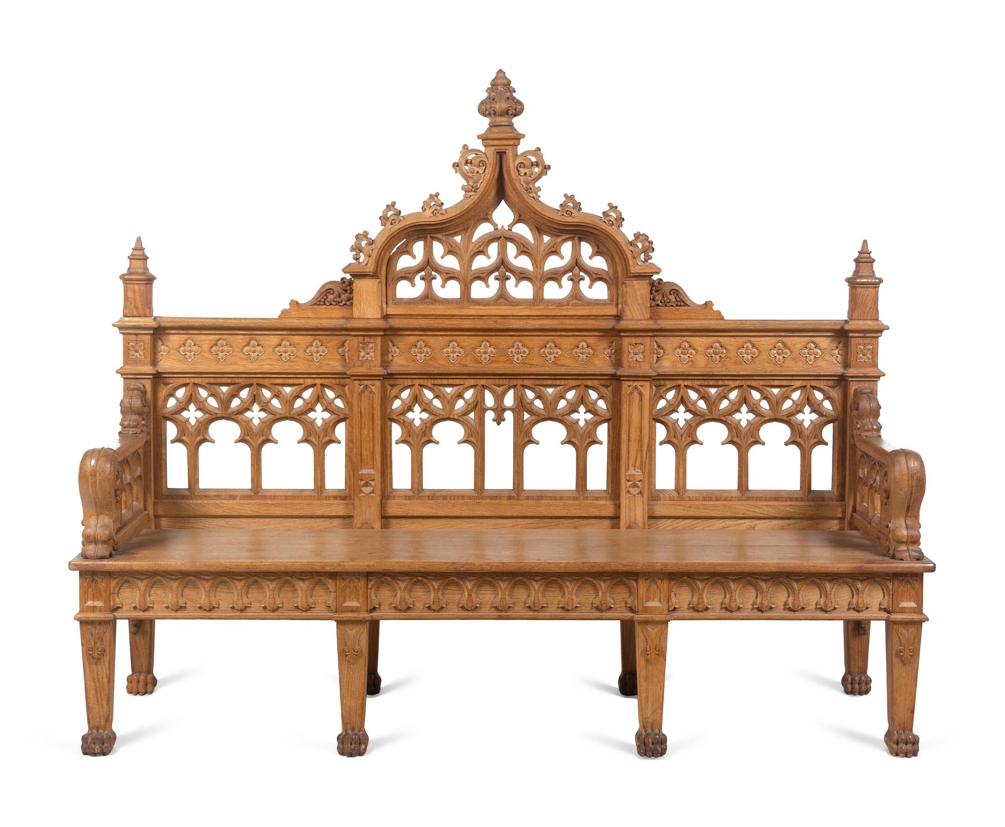 A Gothic Revival Carved Oak Hall Bench