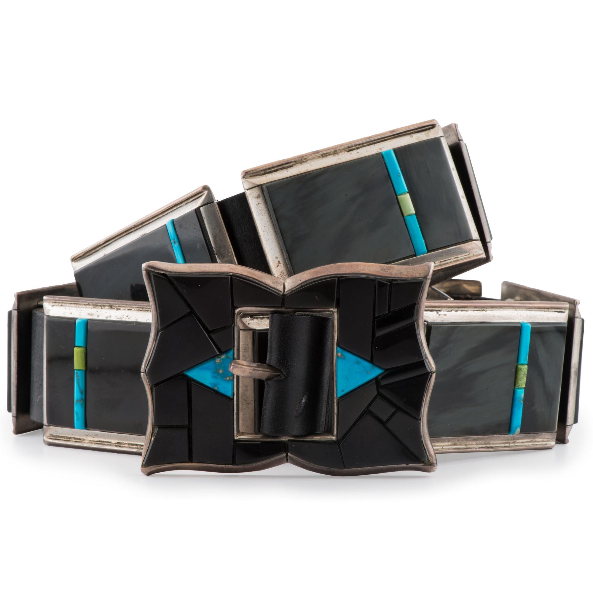 Sterling Silver, Black Jade, Turquoise, and Serpentine Concha Belt