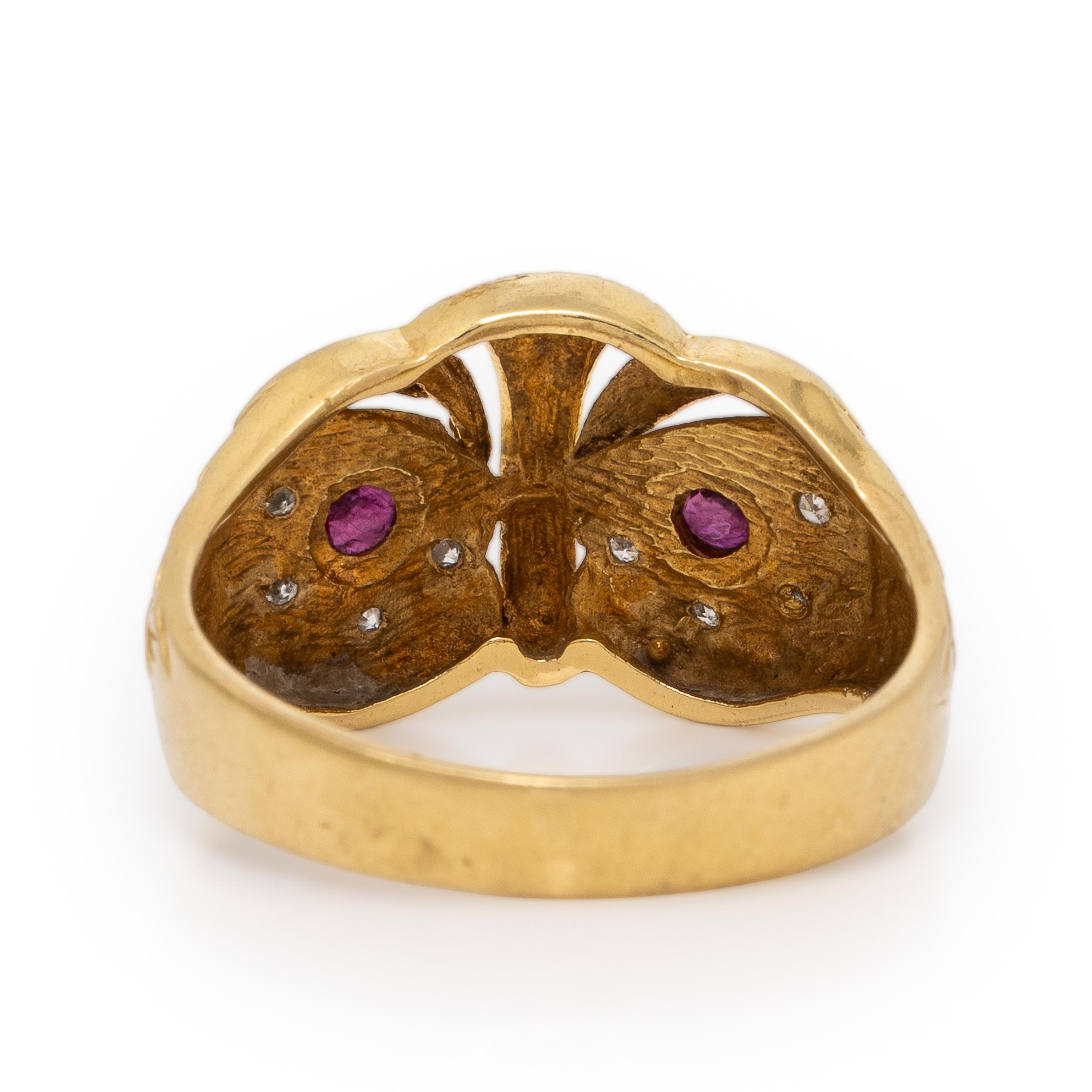 Diamond, Ruby, and Yellow Gold Owl Ring