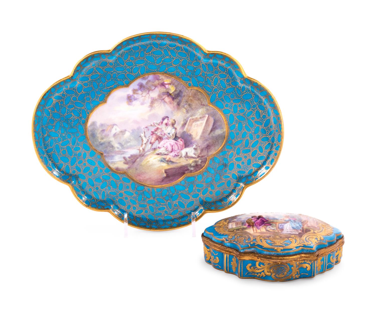 Two Sèvres Style Painted and Parcel Gilt Celeste Blue-Ground Porcelain Articles