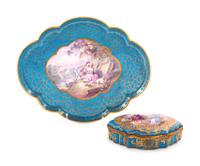 Two Sèvres Style Painted and Parcel Gilt Celeste Blue-Ground Porcelain Articles