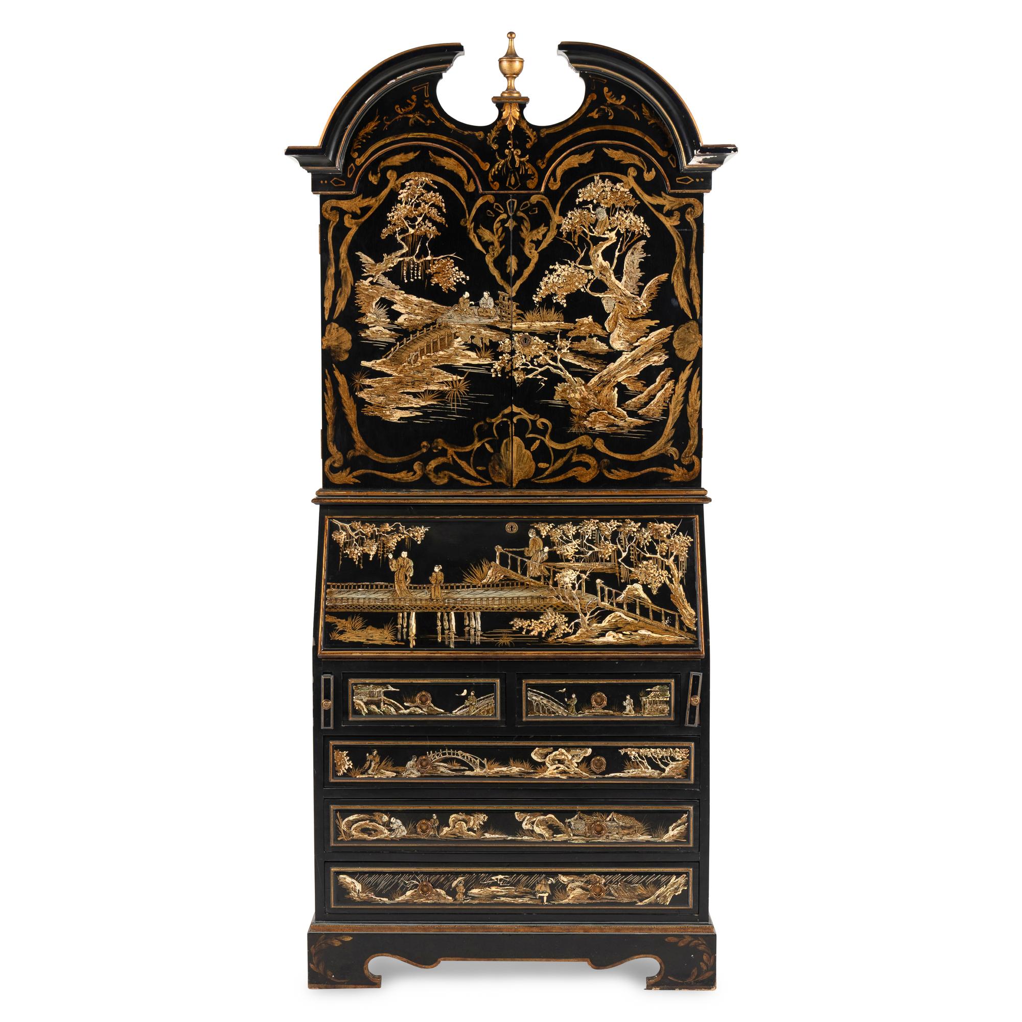 A Georgian Style Black and Gilt-Japanned Bureau Cabinet