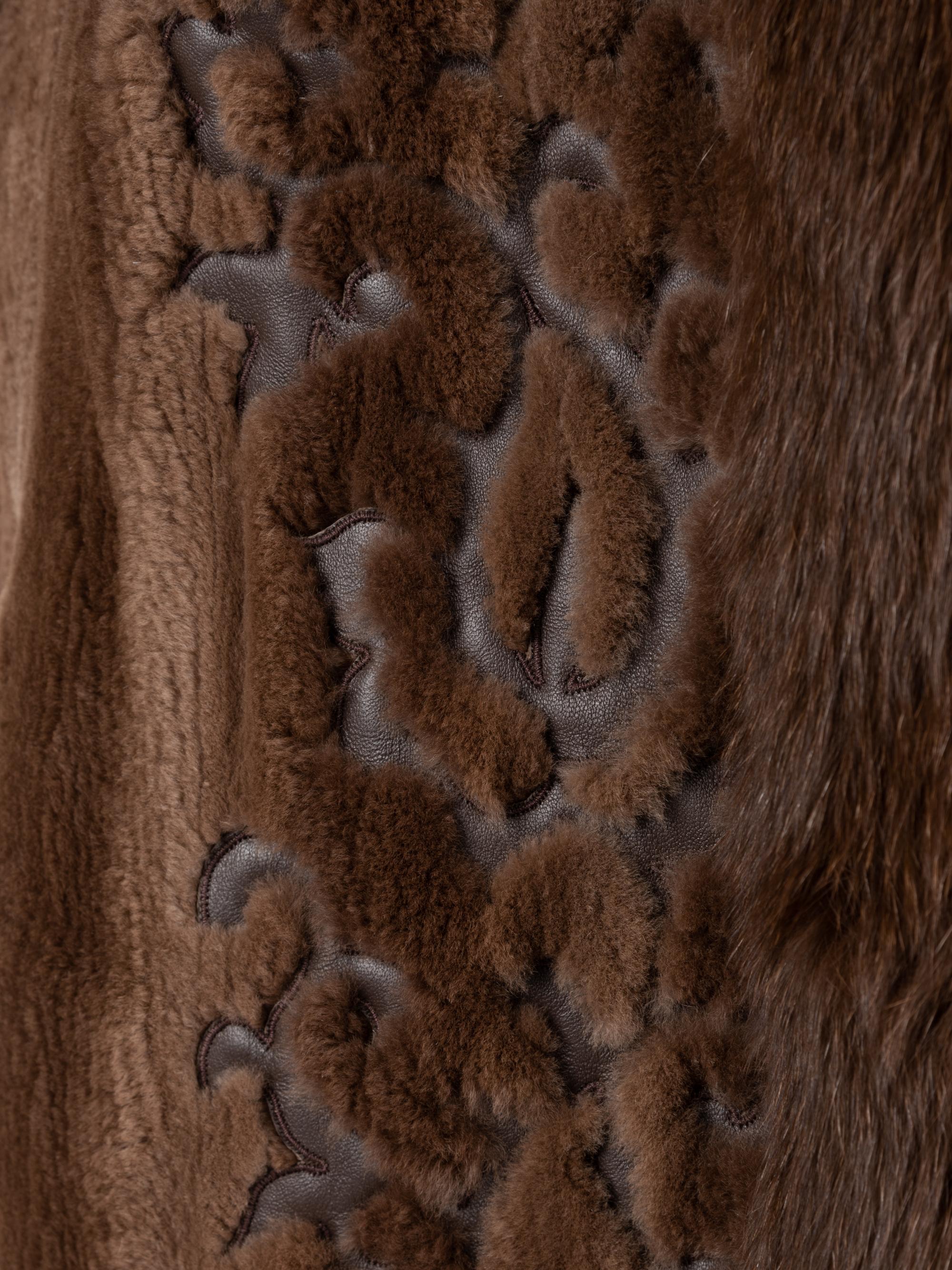 Unlabeled Sheared Mink Fur Coat with Brown Leather Appliqués, 1980-90s