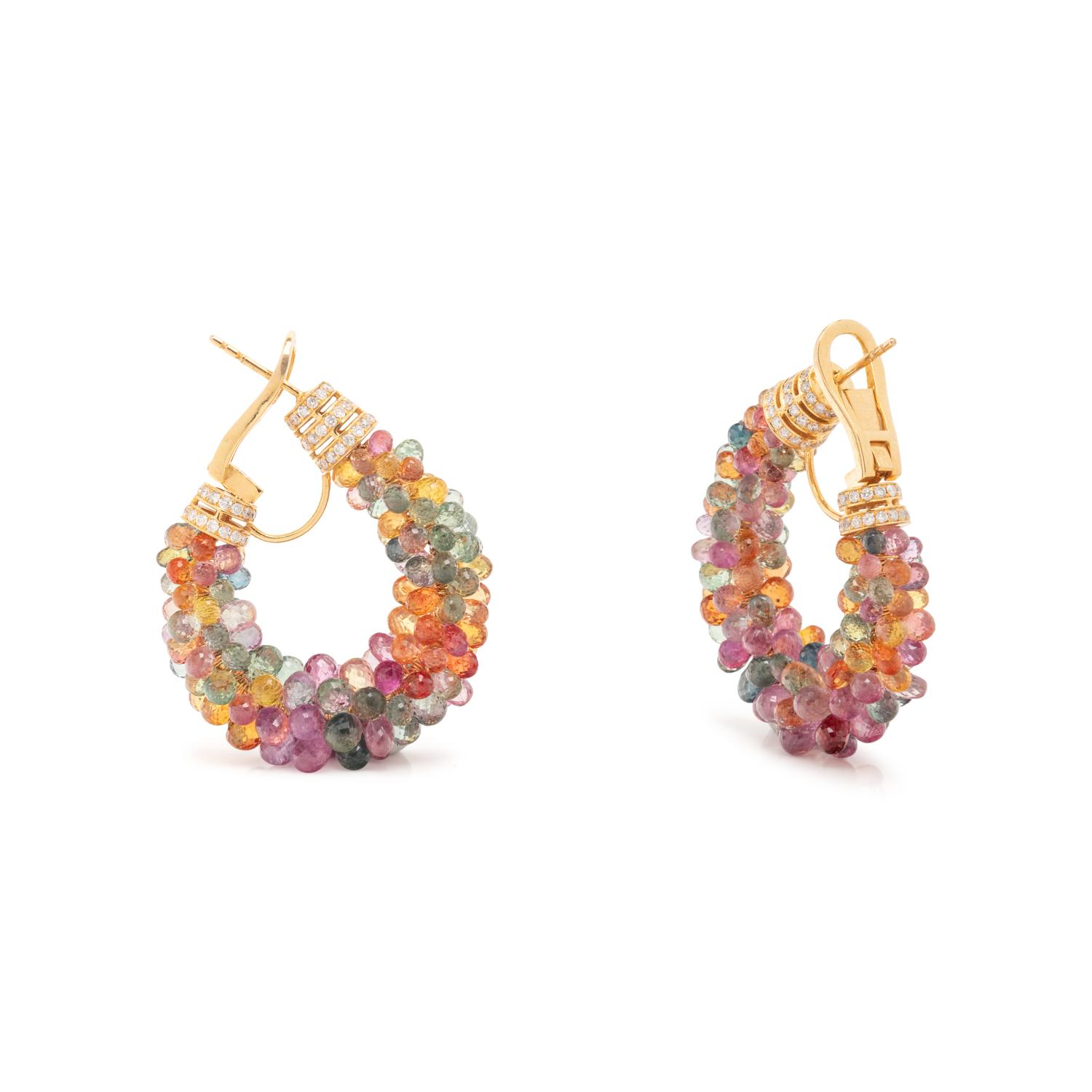 MULTICOLOR SAPPHIRE, DIAMOND, AND YELLOW GOLD HOOP EARRINGS