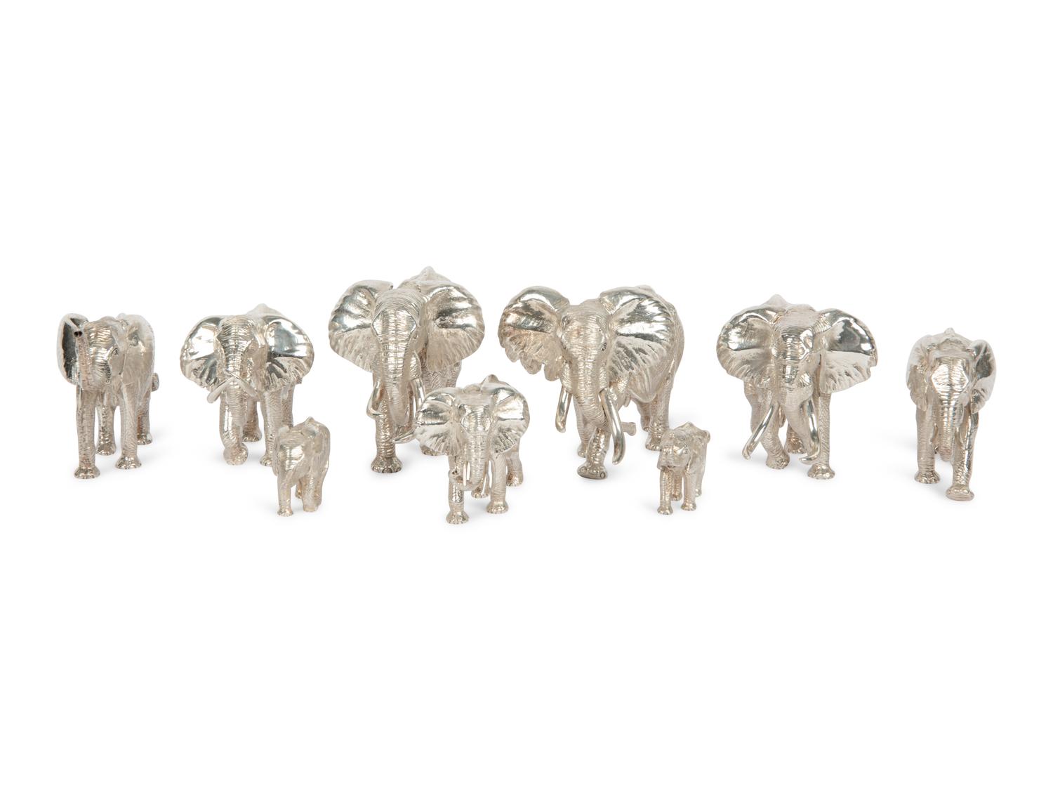 A Group of Nine Patrick Mavros Silver Elephants