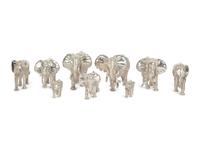 A Group of Nine Patrick Mavros Silver Elephants