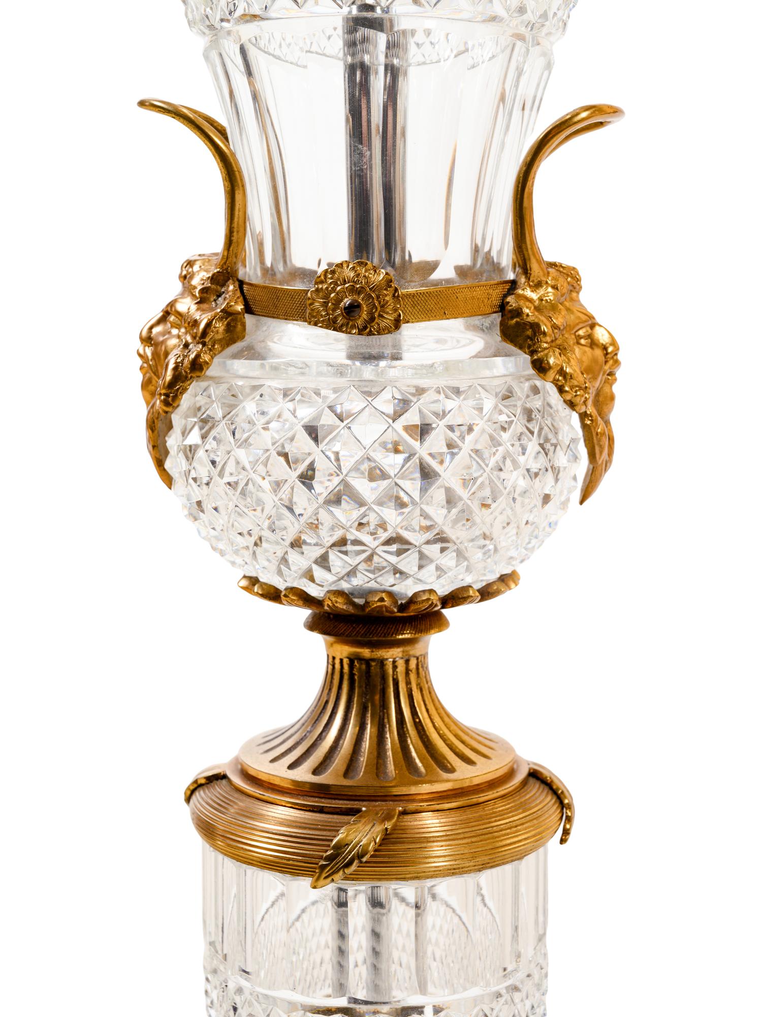 A Pair of Empire Style Gilt Metal and Cut Glass Vases Mounted as Lamps