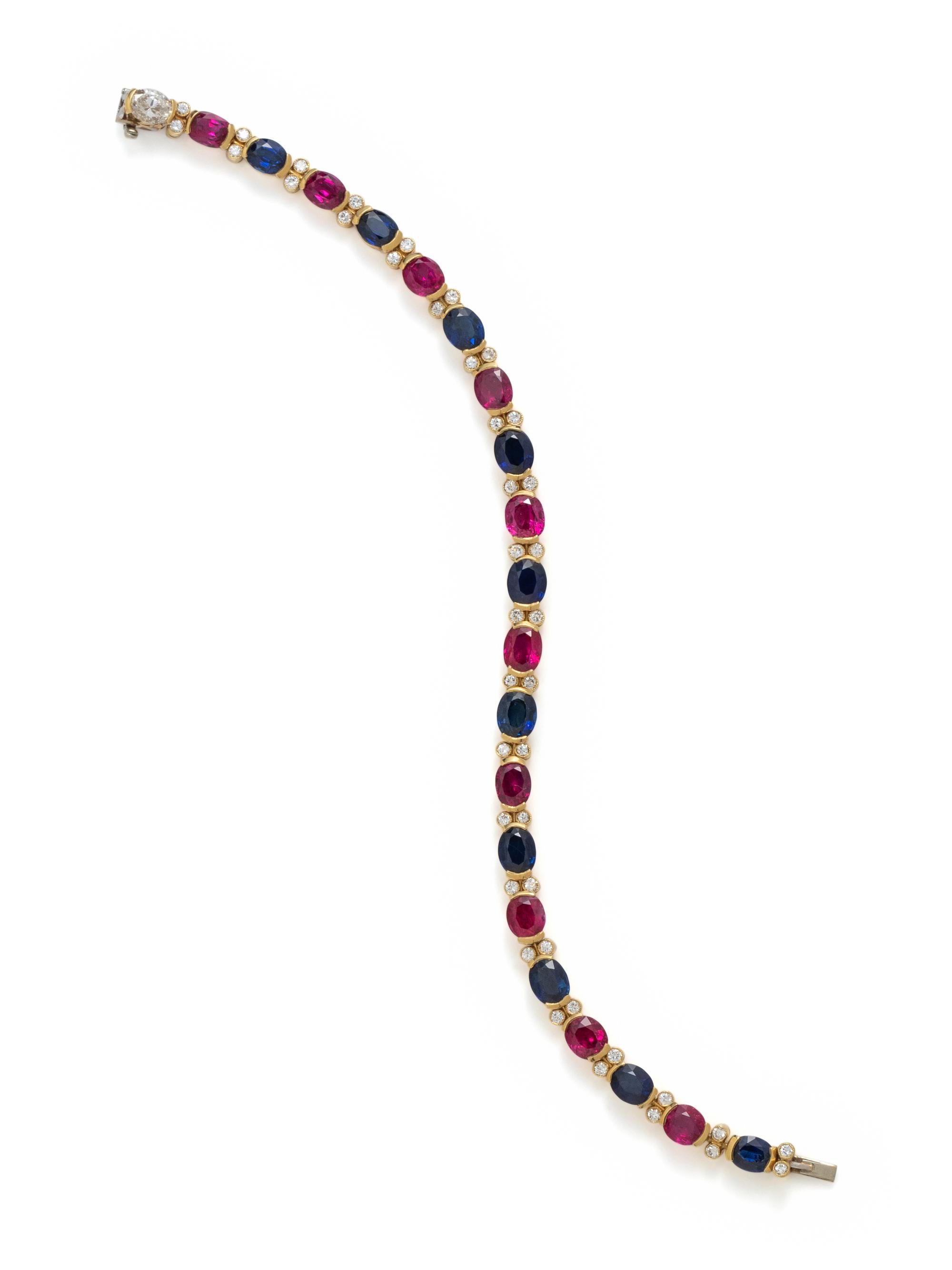 JULIUS COHEN, RUBY, SAPPHIRE AND DIAMOND BRACELET