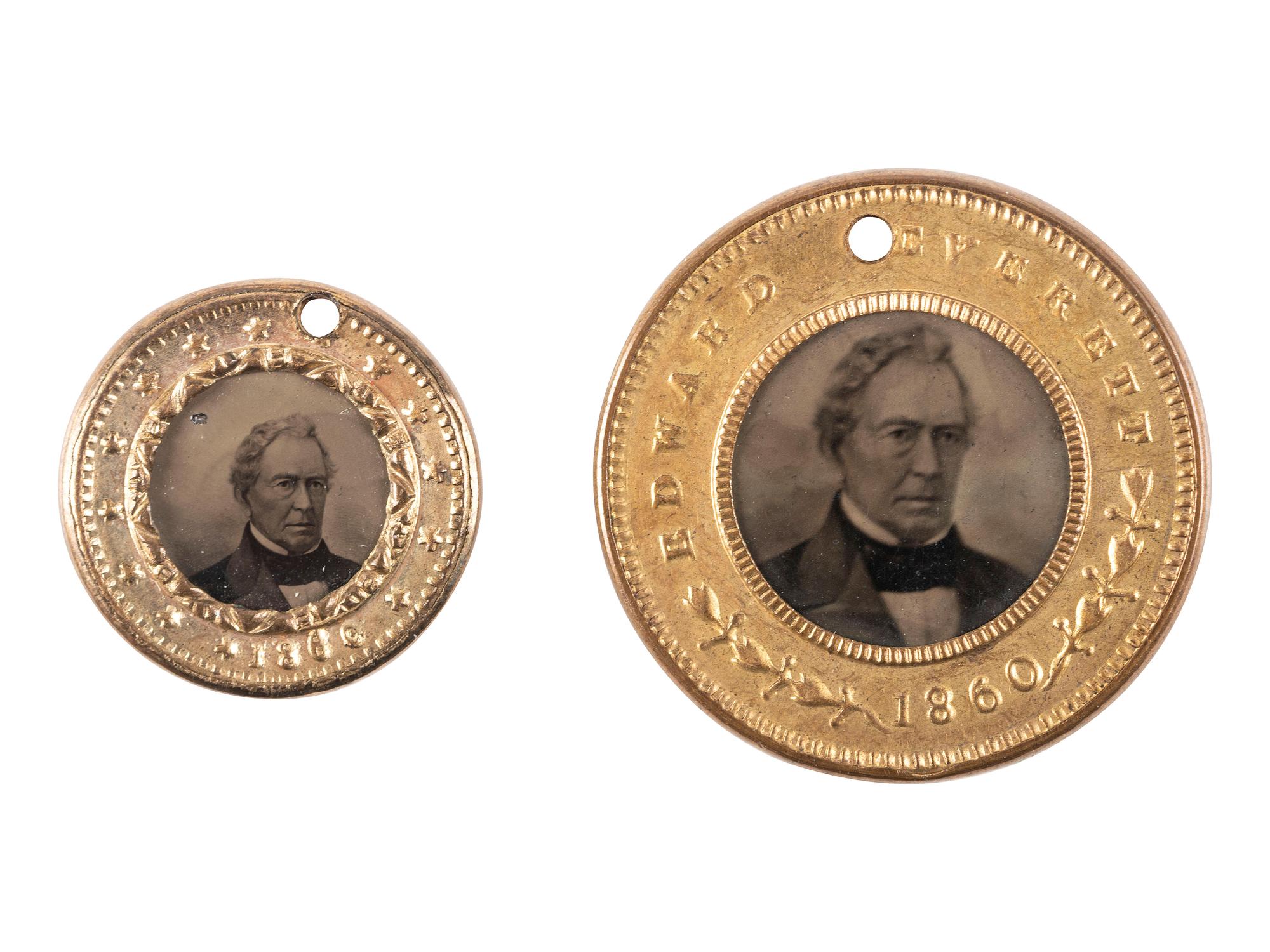 [POLITICS]. A group of 2 John Bell and Edward Everett back-to-back campaign ferrotype badges. 1860.