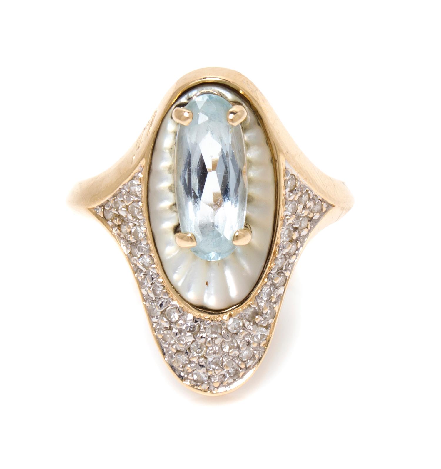 A 14 Karat Yellow Gold, Mother-of-Pearl and Aquamarine "Alouette" Ring, Erte, 4.00 dwts.