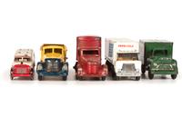 Five Pressed Metal Toy Trucks