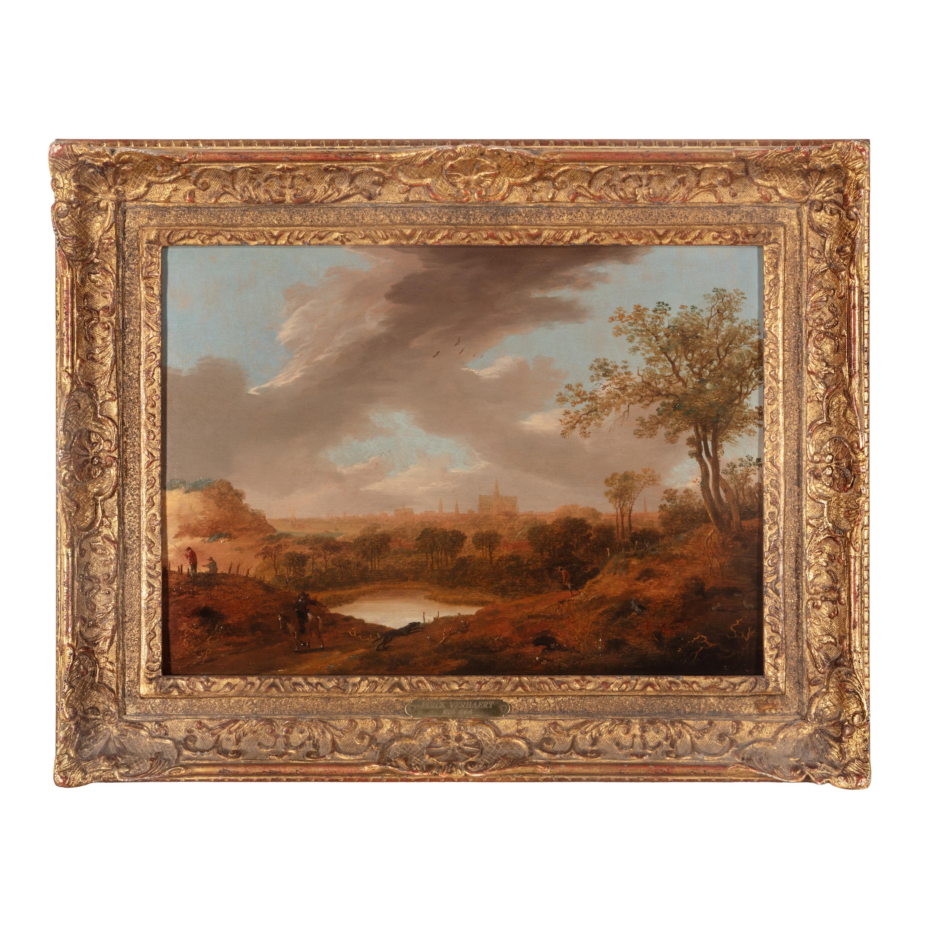 Dirck Verhaert (Dutch, 1610-1675) — A River Landscape with Travelers and Men Fishing, View of Haarlem