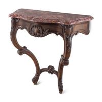 A Pair of Louis XV Style Walnut Marble-Top Console Tables
