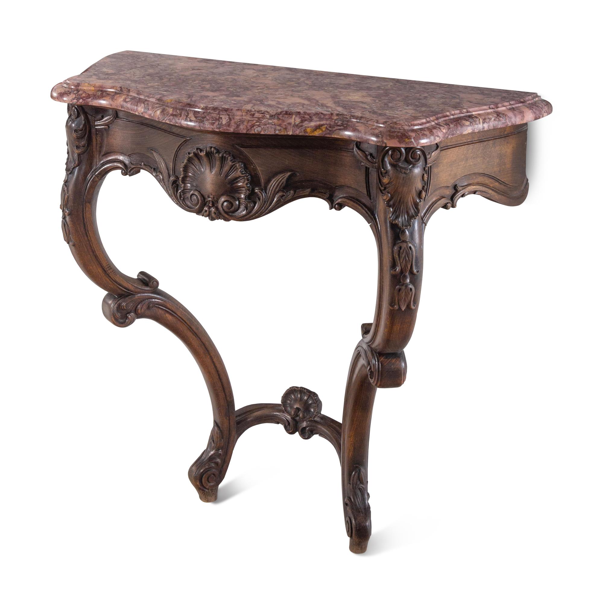 A Pair of Louis XV Style Walnut Marble-Top Console Tables