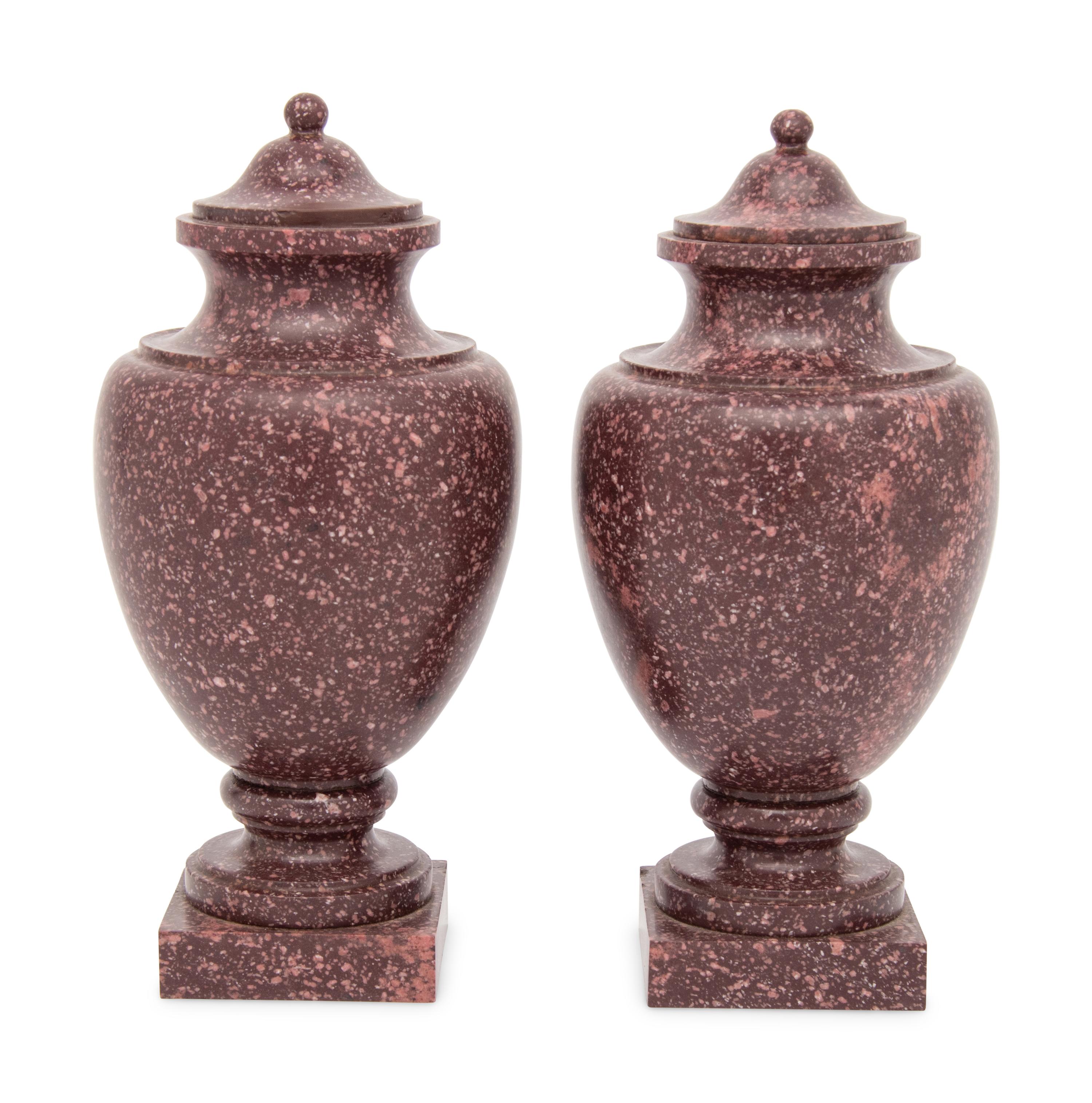 A Pair of Neoclassical Style Carved Porphyry Covered Urns