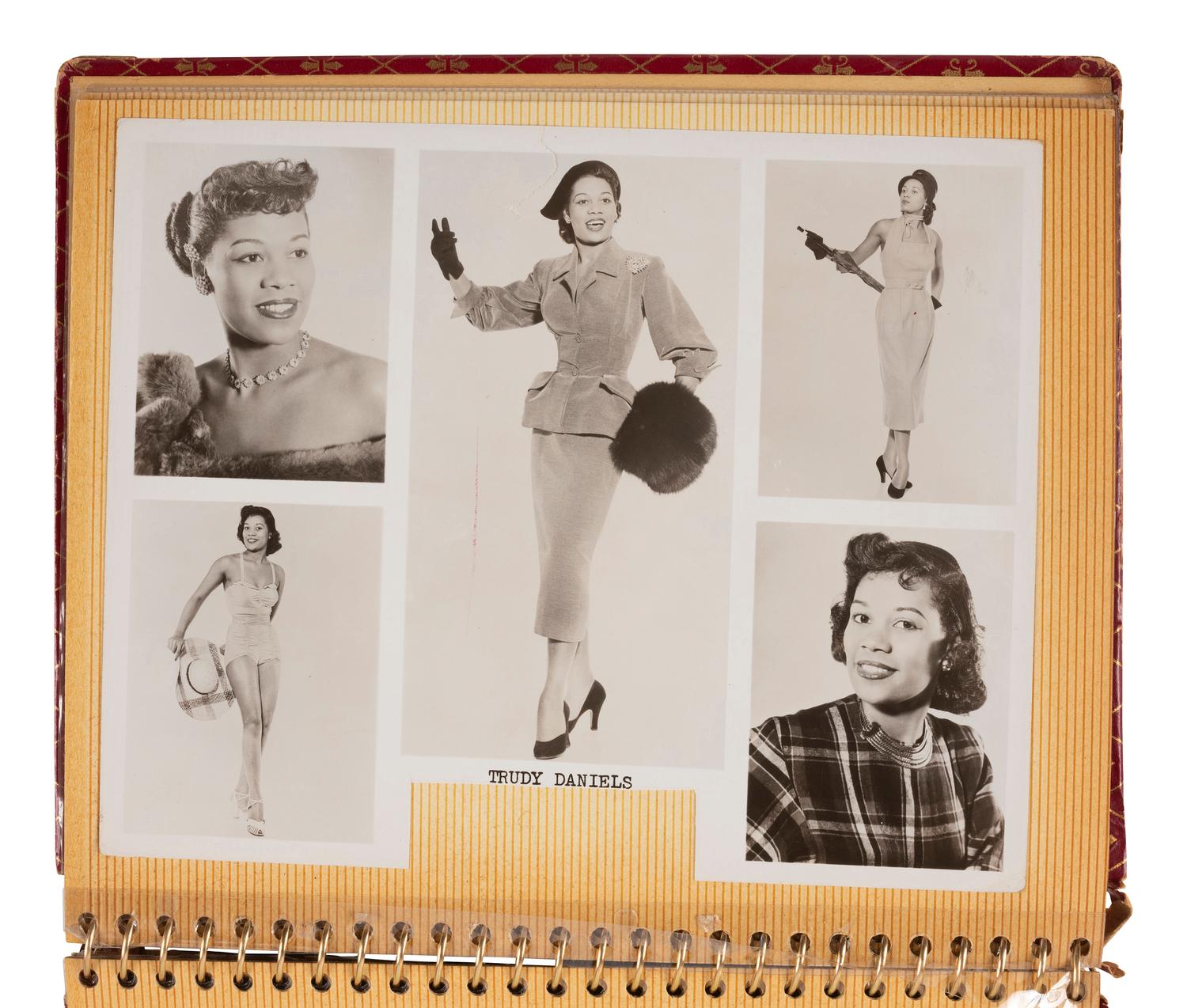 [EARLY PHOTOGRAPHY]. Photograph album containing modeling portraits and headshots of African American men and women incl. Trudy Daniels Haynes and Mexican actress Lourdes "Lulu" Guerrero. Ca 1950s-1960s.