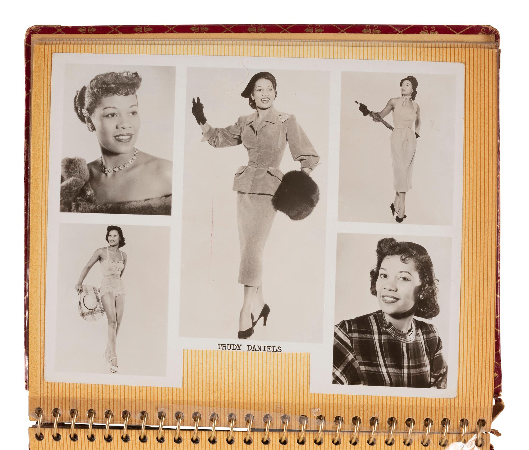 [EARLY PHOTOGRAPHY]. Photograph album containing modeling portraits and headshots of African American men and women incl. Trudy Daniels Haynes and Mexican actress Lourdes "Lulu" Guerrero. Ca 1950s-1960s.