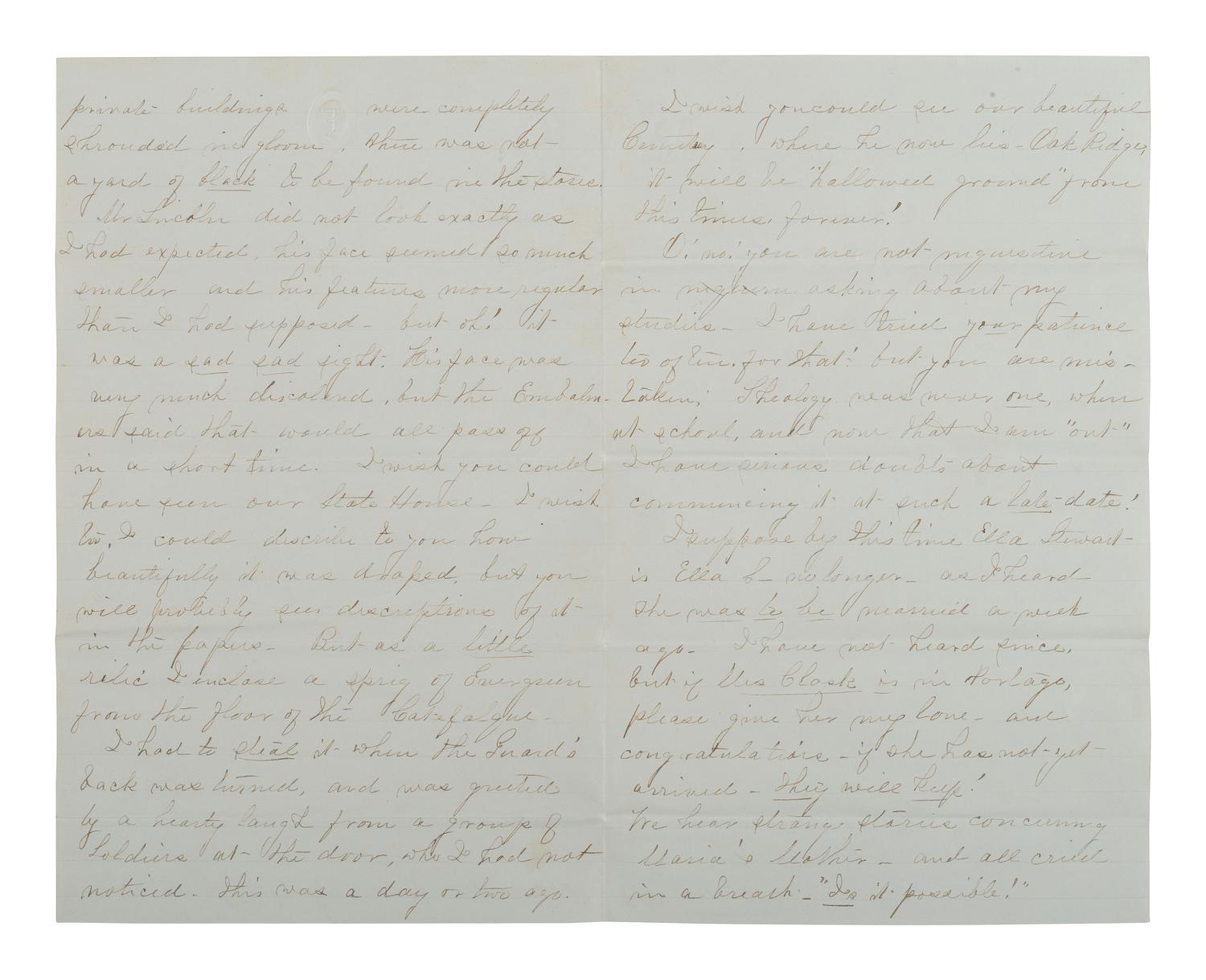 [LINCOLN FUNERAL]. 4pp. letter providing first-hand account of Lincoln lying in state in Springfield, IL. 8 May 1865.