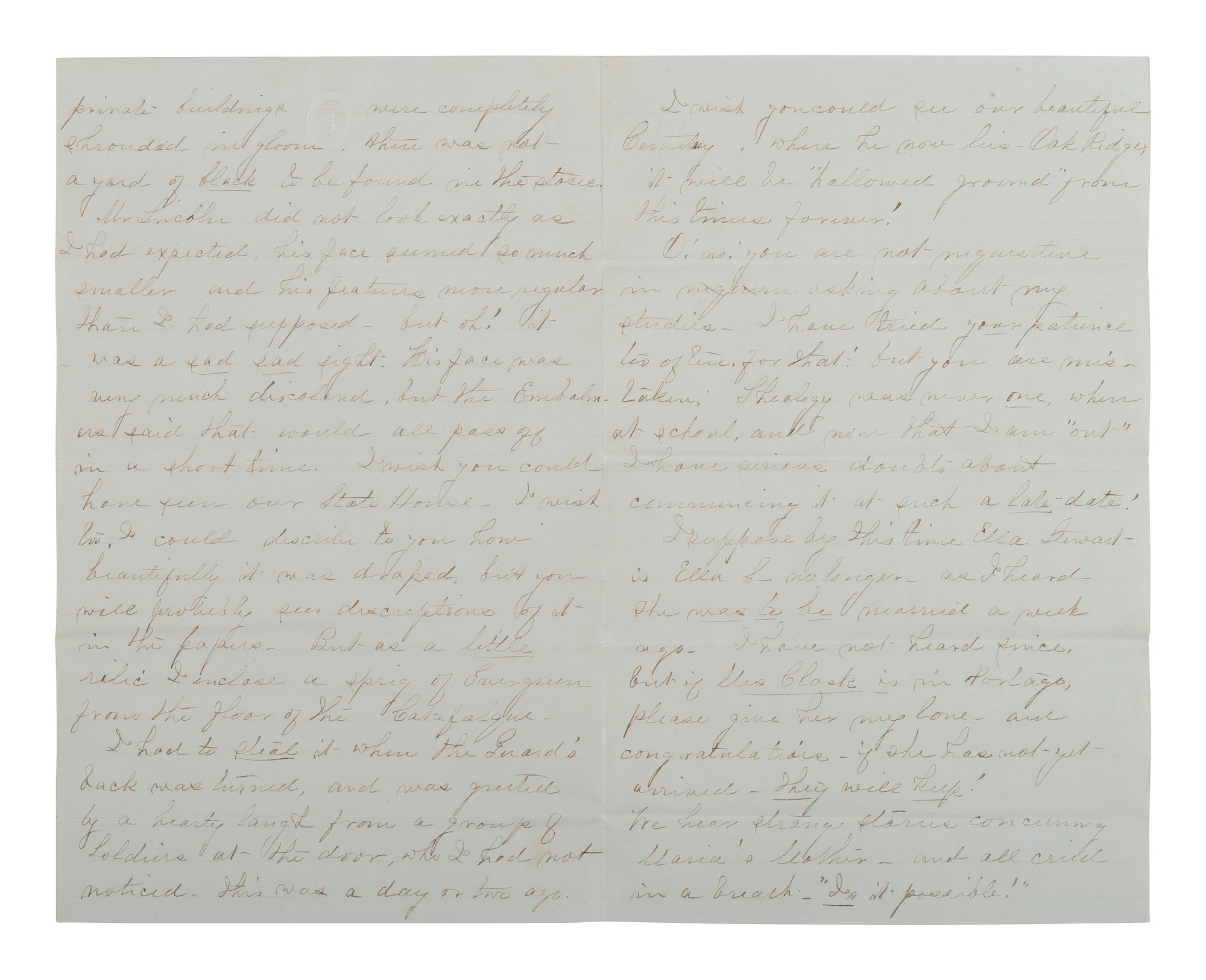 [LINCOLN FUNERAL]. 4pp. letter providing first-hand account of Lincoln lying in state in Springfield, IL. 8 May 1865.