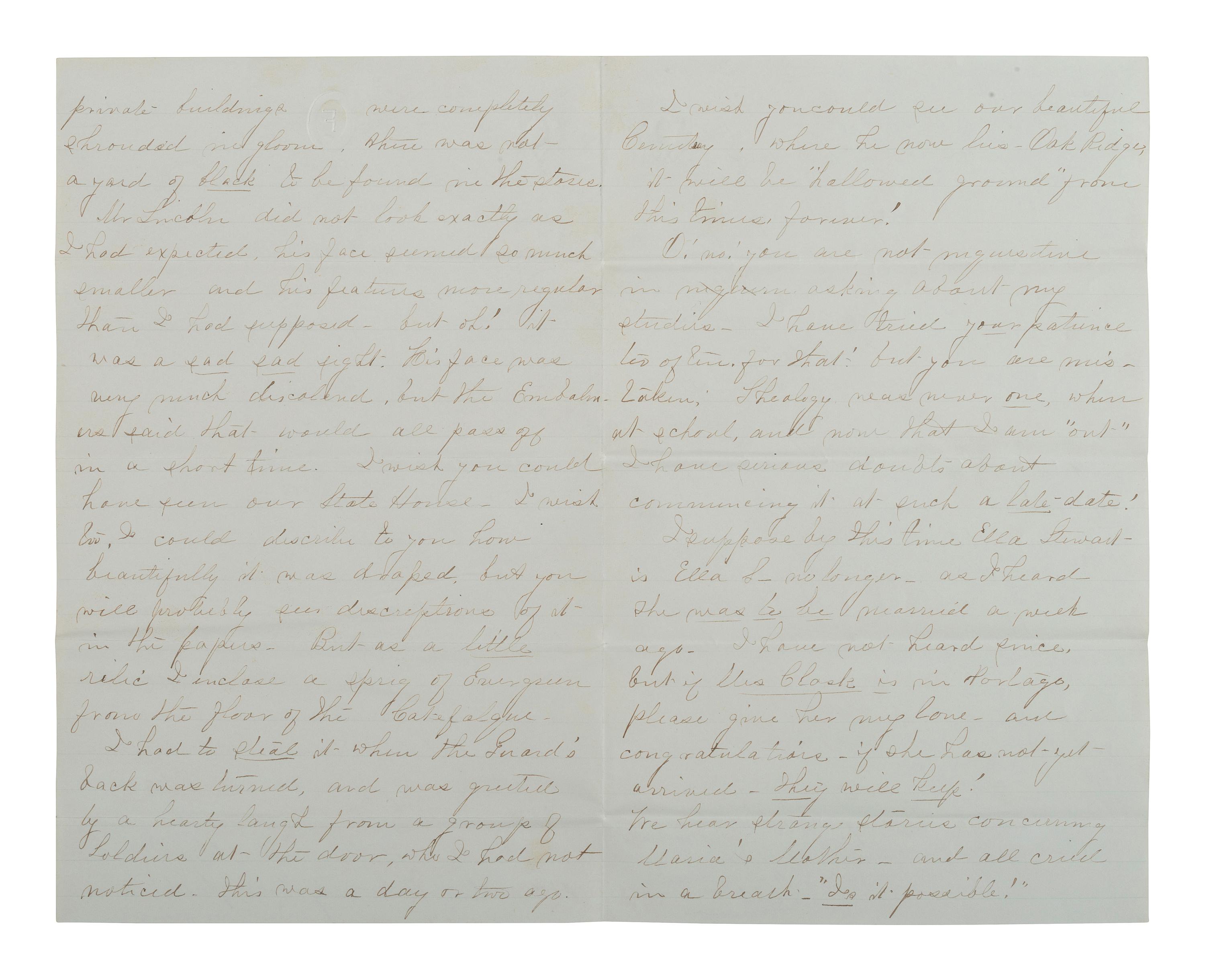 [LINCOLN FUNERAL]. 4pp. letter providing first-hand account of Lincoln lying in state in Springfield, IL. 8 May 1865.