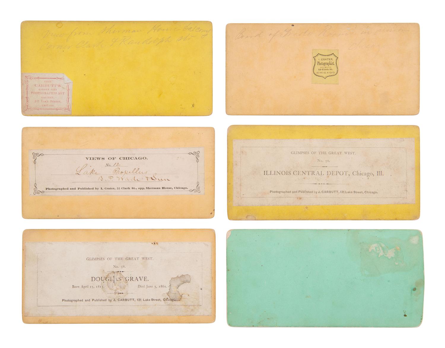 [EARLY PHOTOGRAPHY]. 33 mostly pre-fire stereoviews of Chicago, many by J. CARBUTT.
