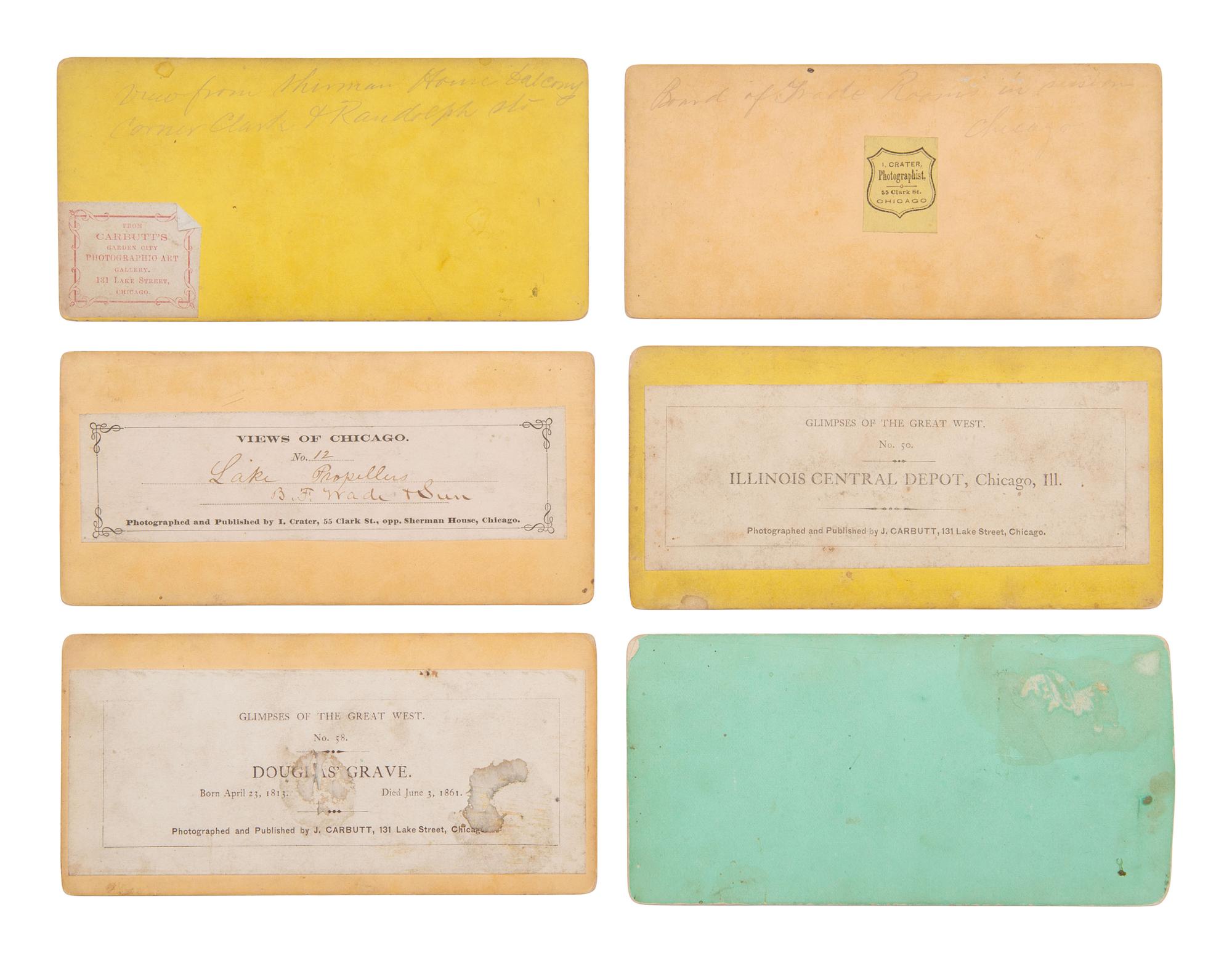 [EARLY PHOTOGRAPHY]. 33 mostly pre-fire stereoviews of Chicago, many by J. CARBUTT.