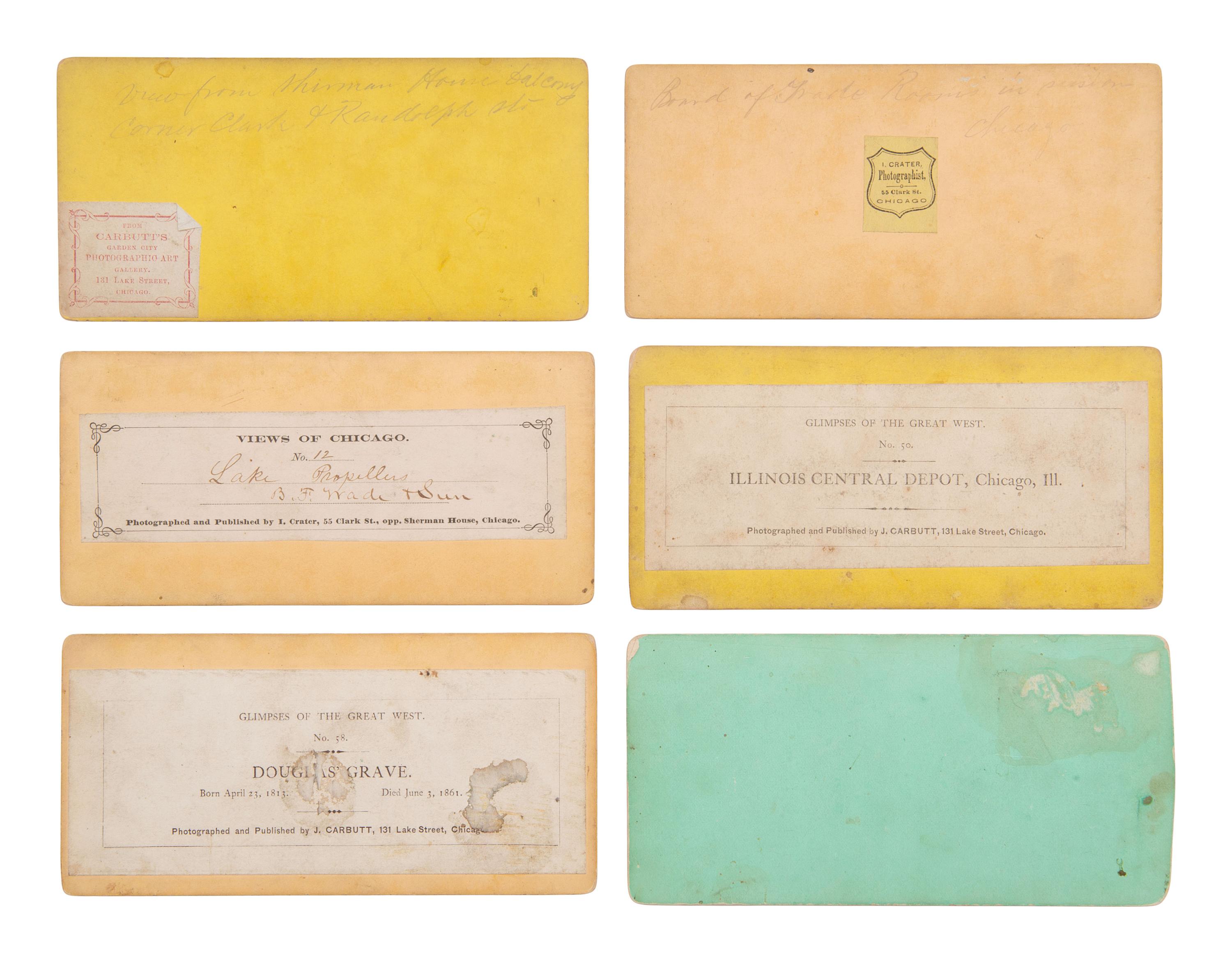 [EARLY PHOTOGRAPHY]. 33 mostly pre-fire stereoviews of Chicago, many by J. CARBUTT.