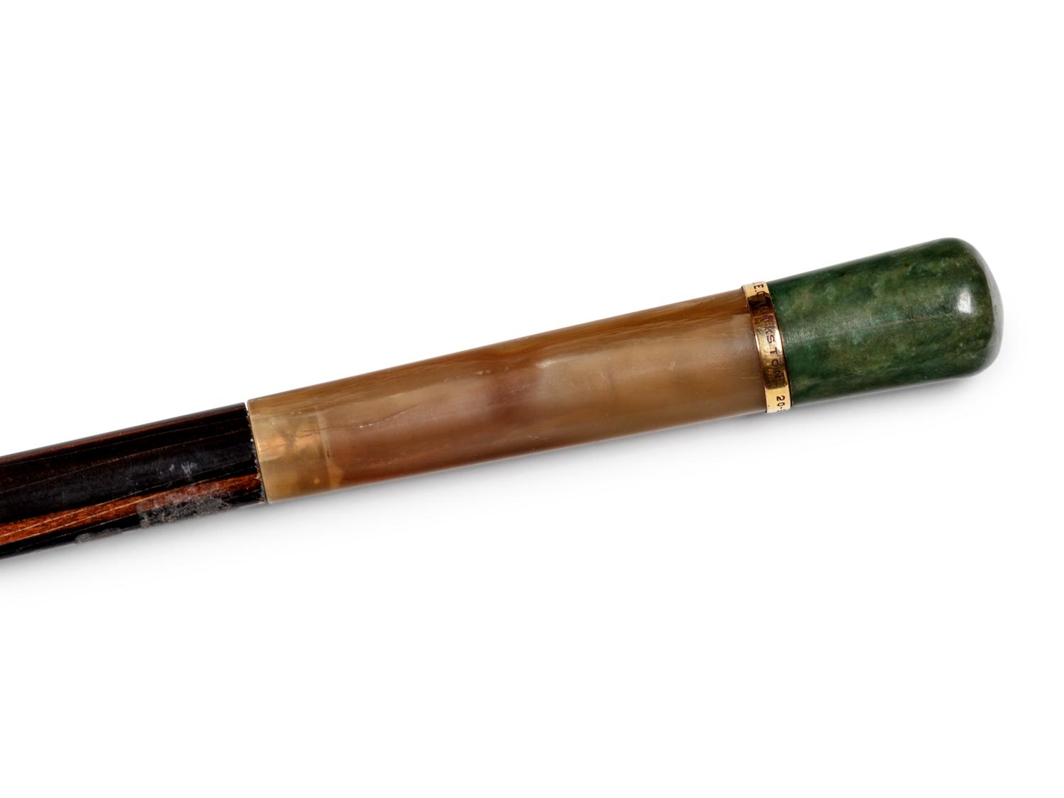A Carved Jade and Horn Mounted Calamander Gamblers 'System' Walking Stick