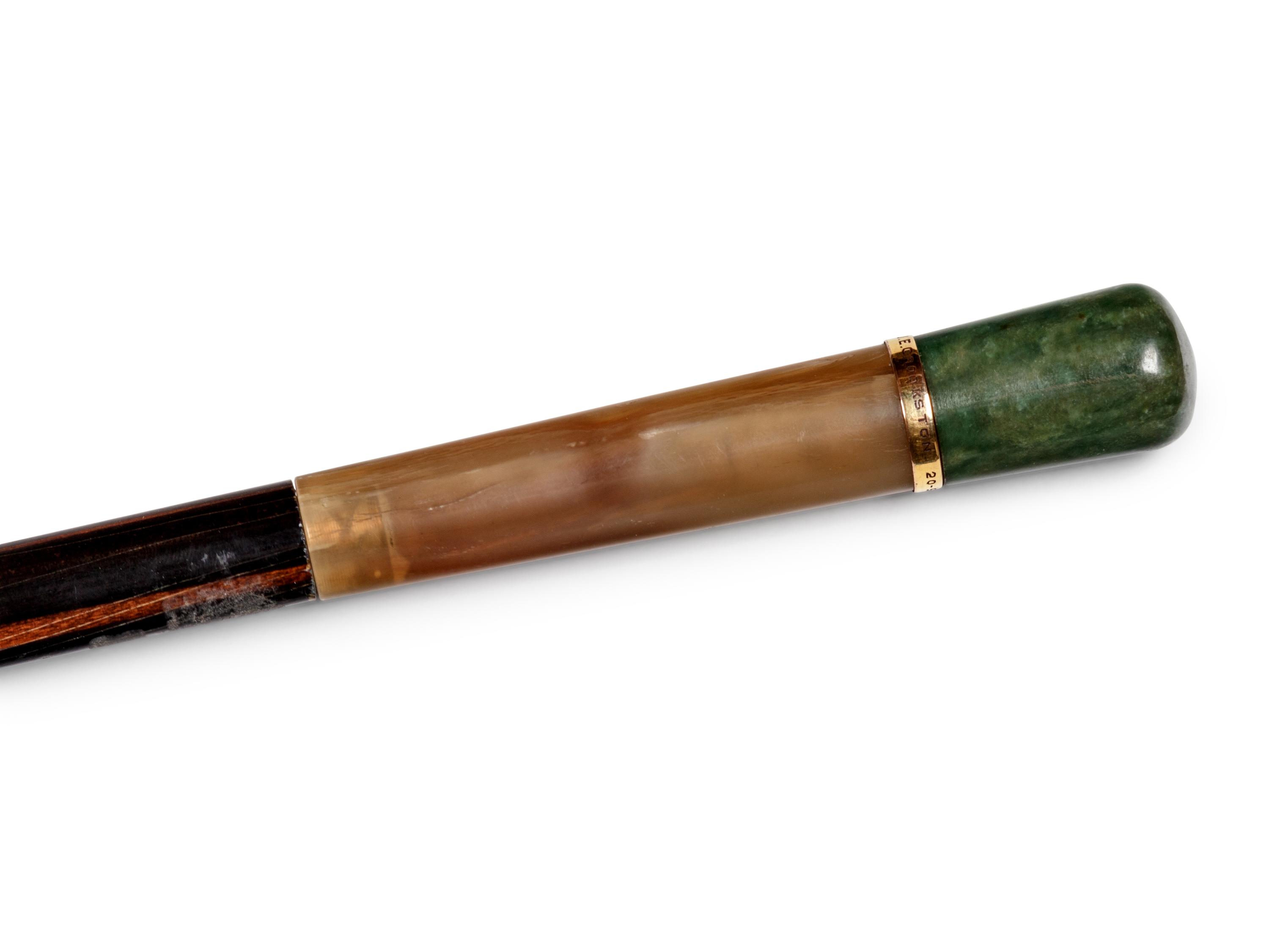 A Carved Jade and Horn Mounted Calamander Gamblers 'System' Walking Stick