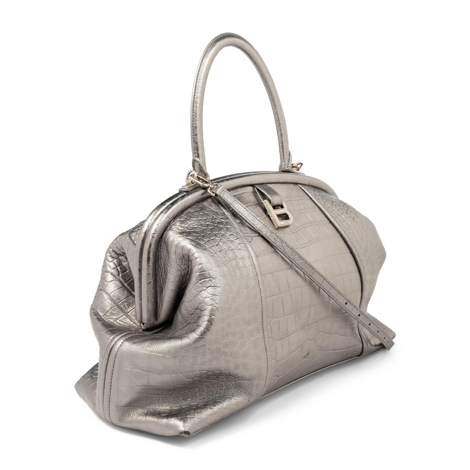 BALENCIAGA, FRAME BAG IN SILVER CROC-EMBOSSED LEATHER