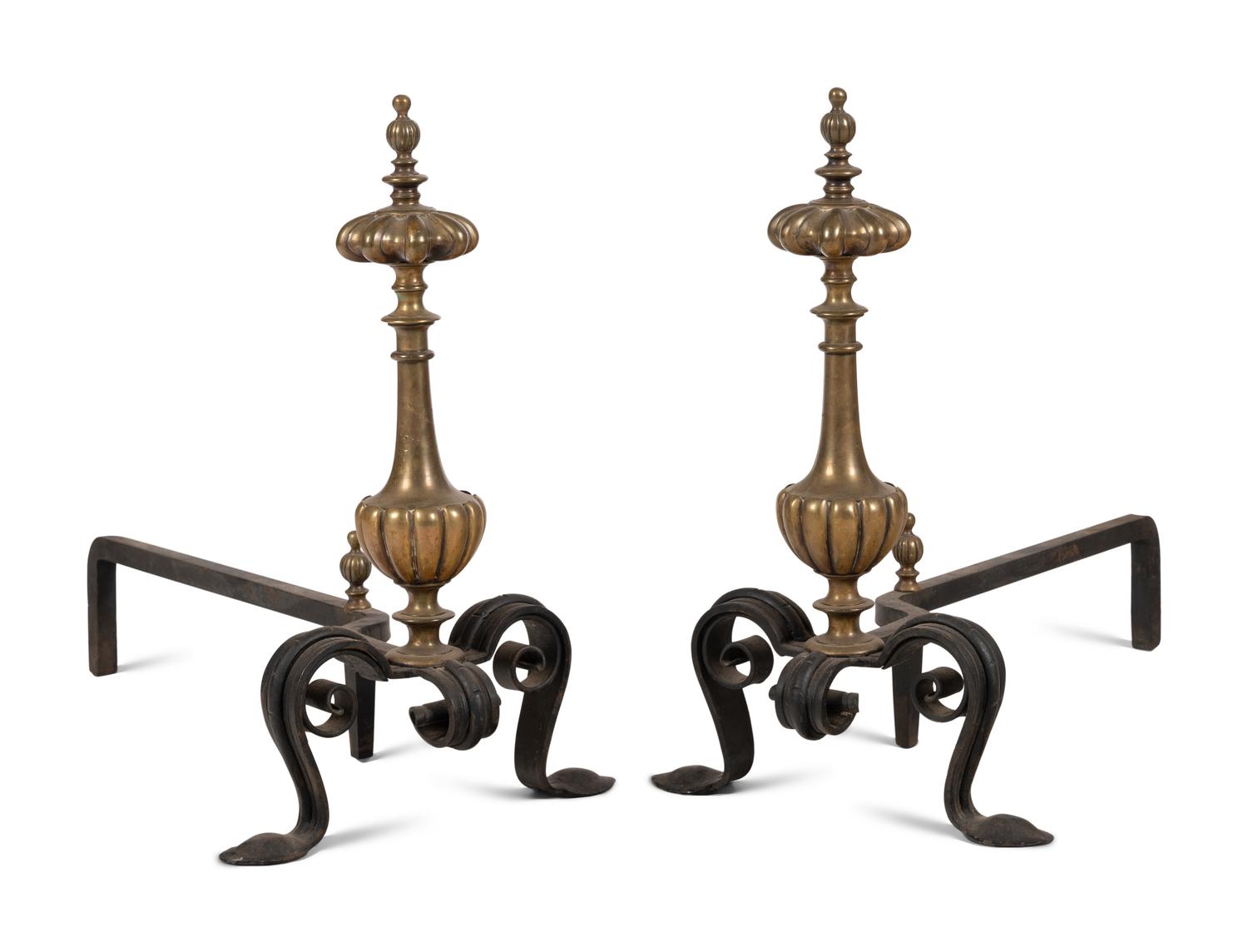 A Pair of Continental Gilt Bronze Lobed Baluster Andirons